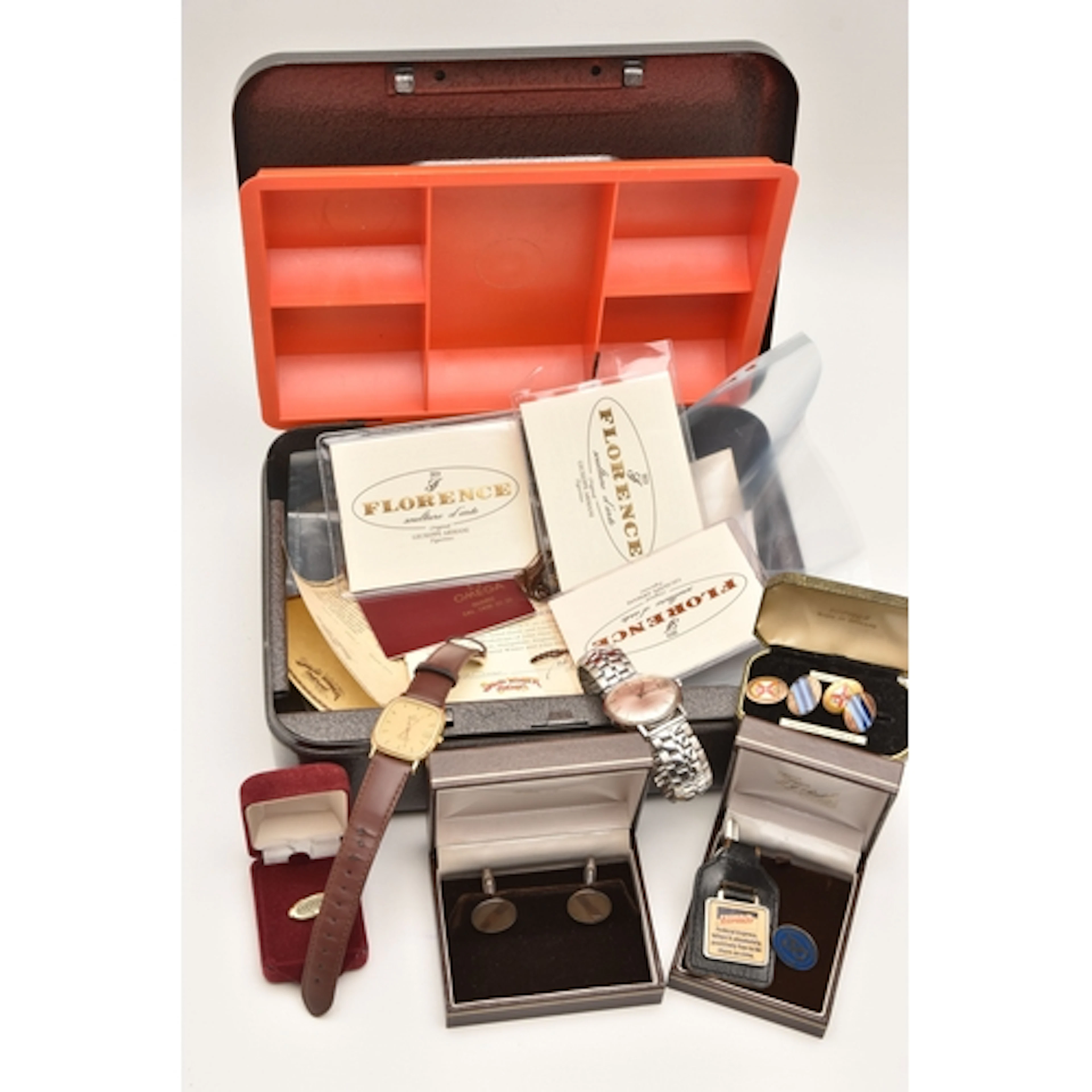 A LOCKABLE TIN WITH WATCHES AND ITEMS, to include a gents go...