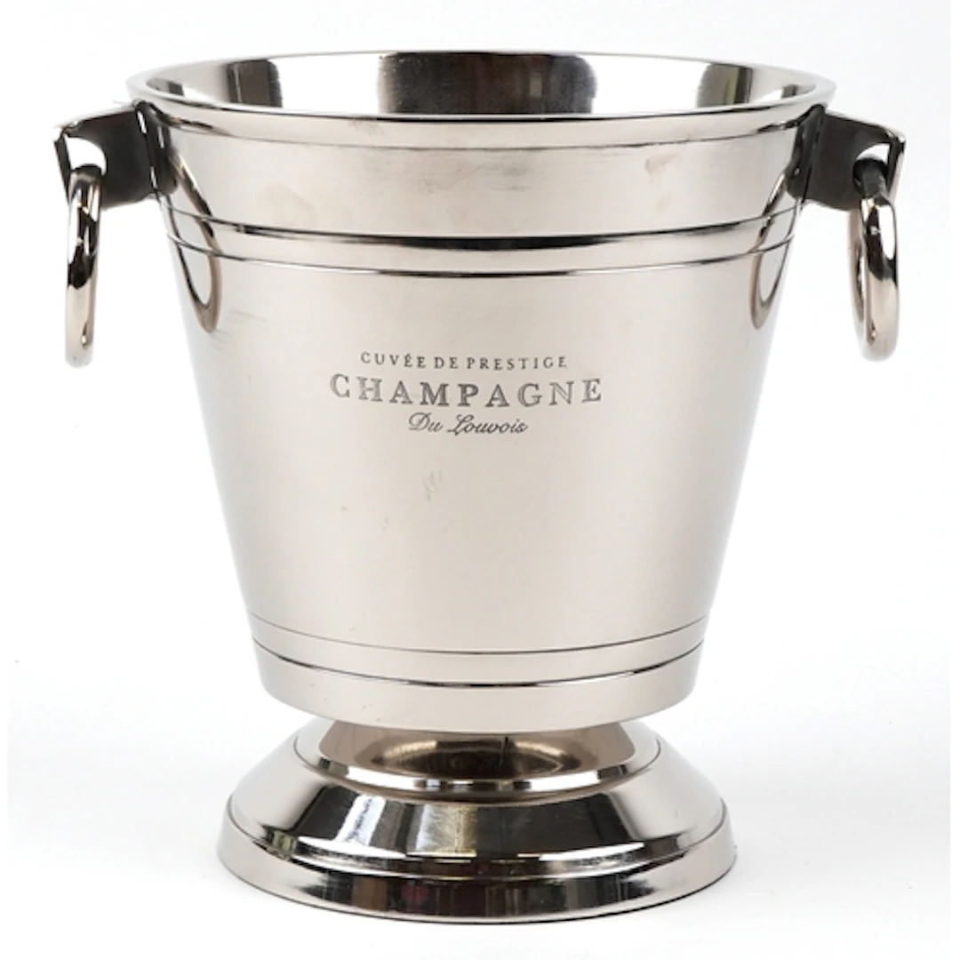 Du Louvois design chromed ice bucket with ring handles, 28.5...
