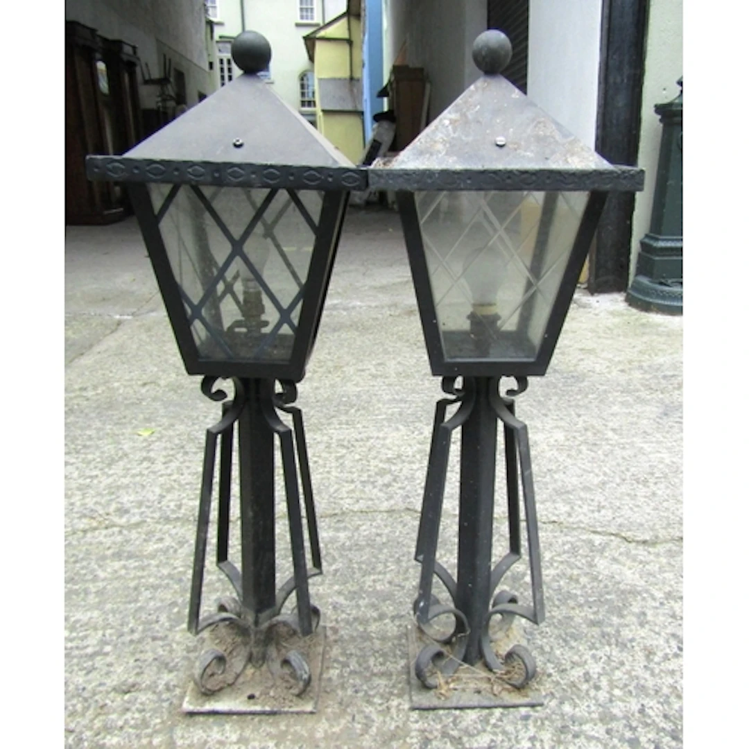 Pair of Wrought Metal Pillar Lanterns Electrified Working Or...