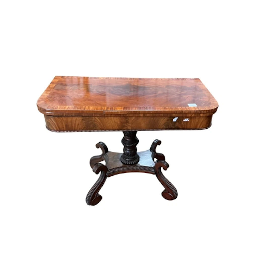 A Regency banded mahogany card table, width 92cm, depth 46cm...