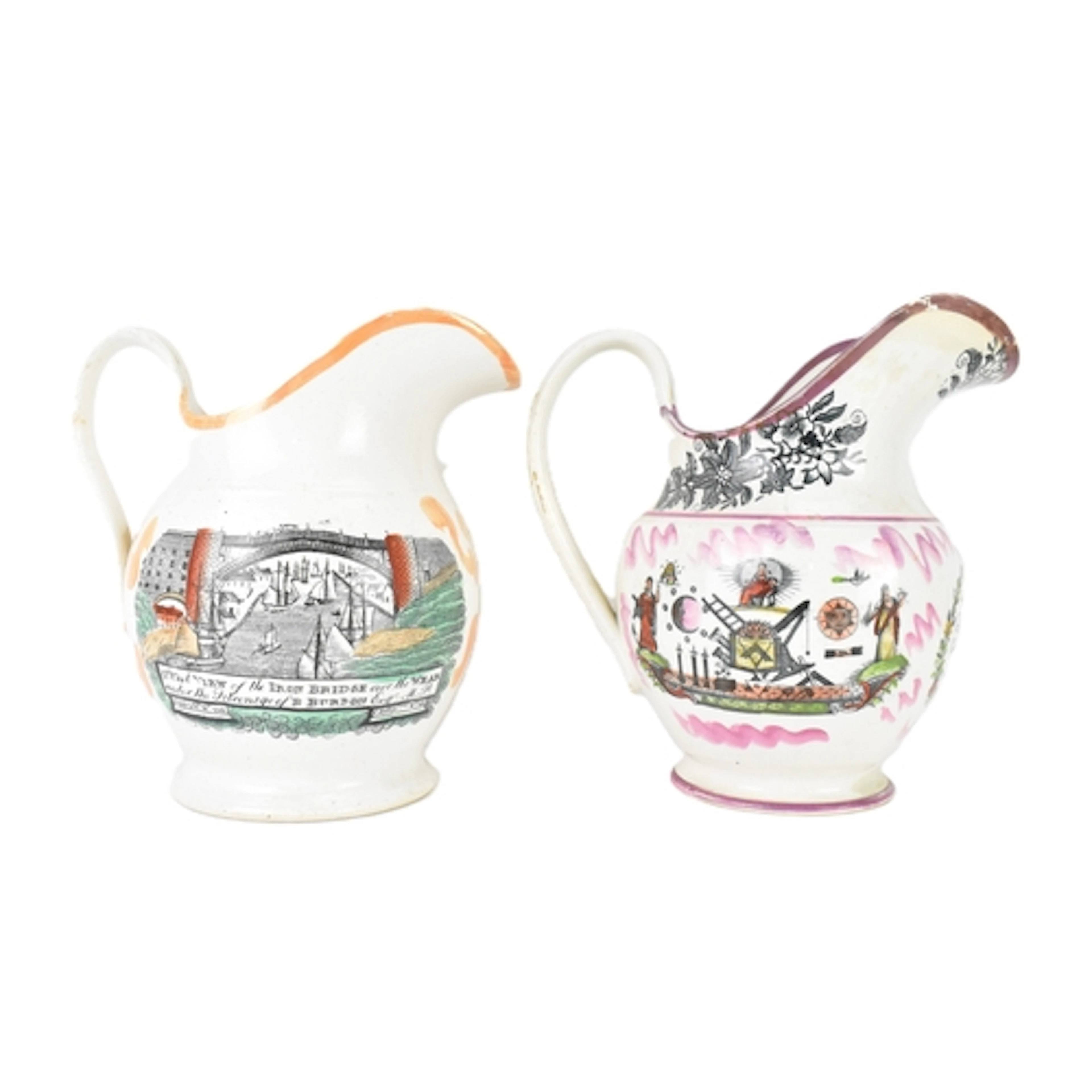 Two 19th century Sunderland lustreware Masonic jugs, of simi...