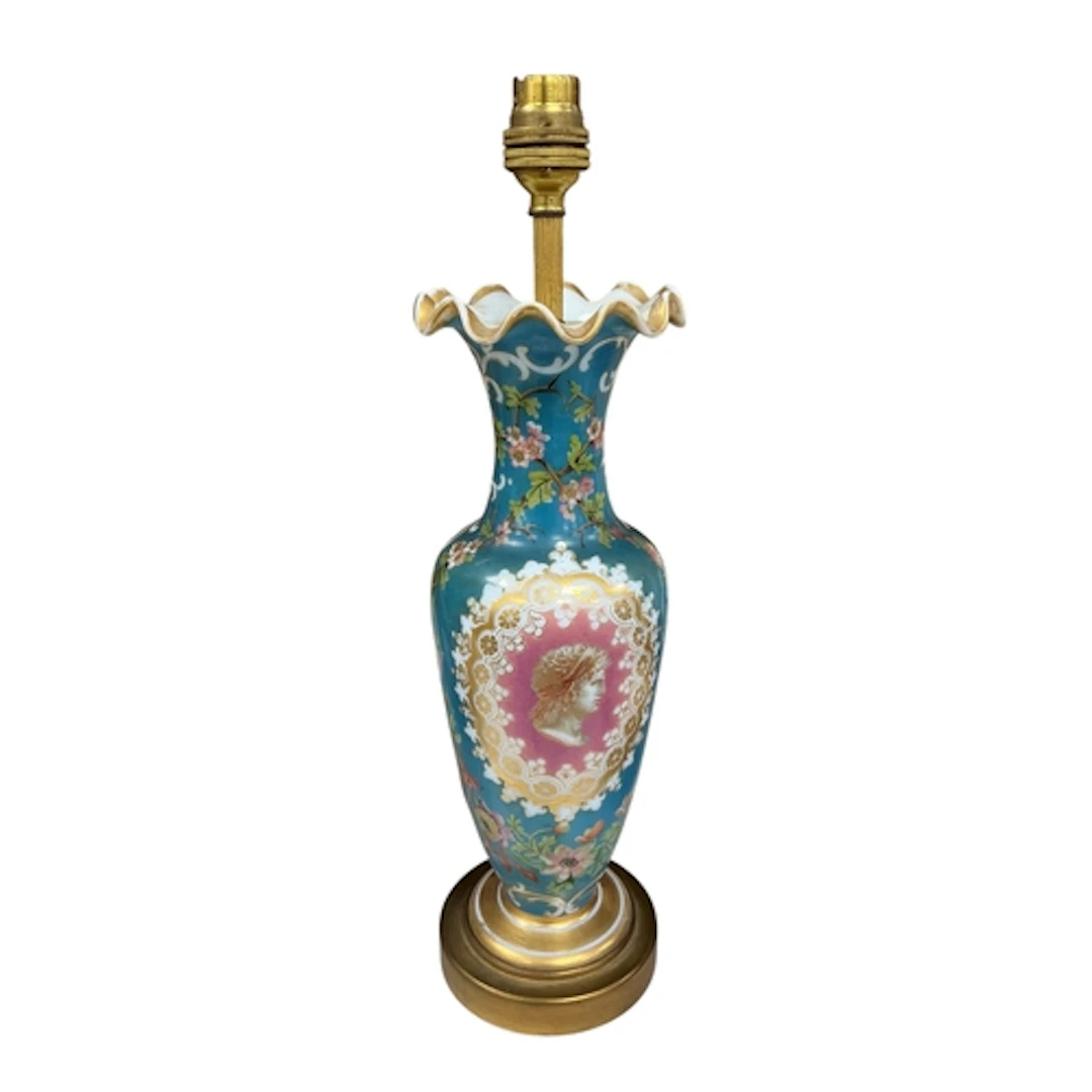 A 19th century French blue opaline glass vase painted in bri...