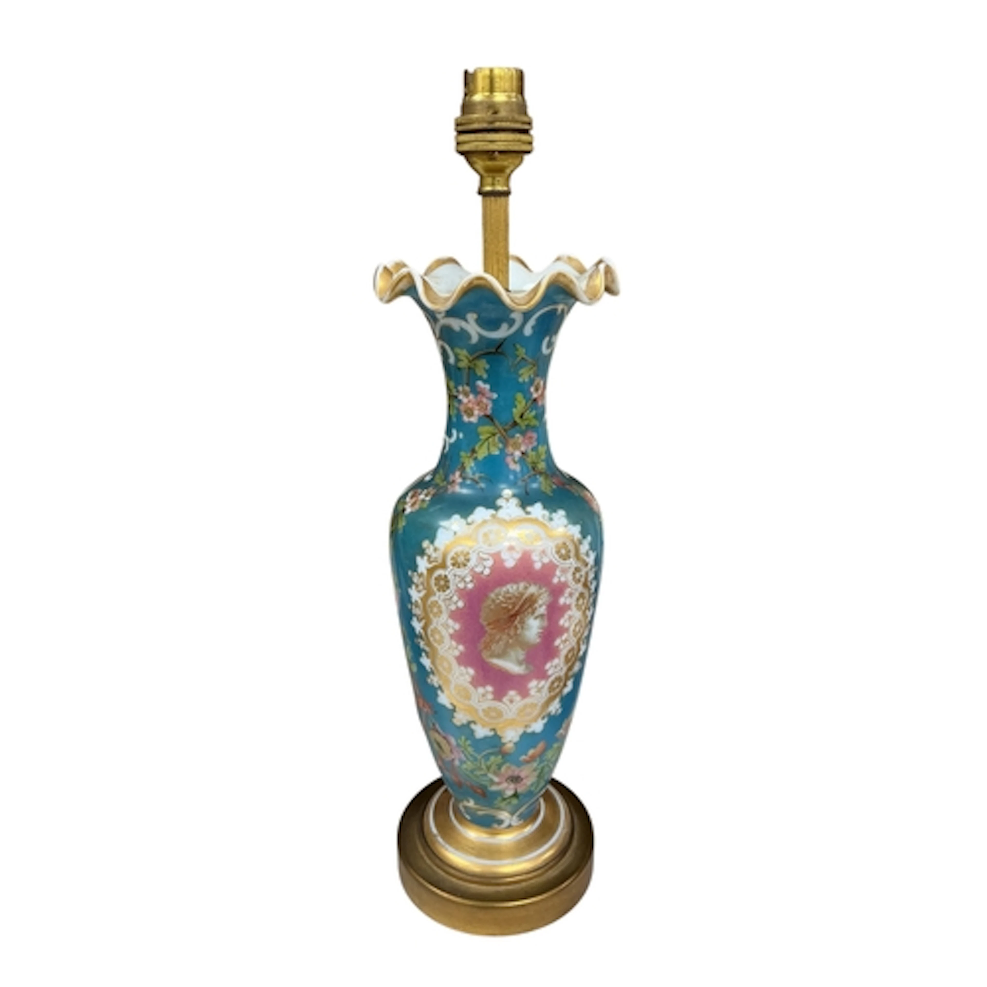 A 19th century French blue opaline glass vase painted in bri...