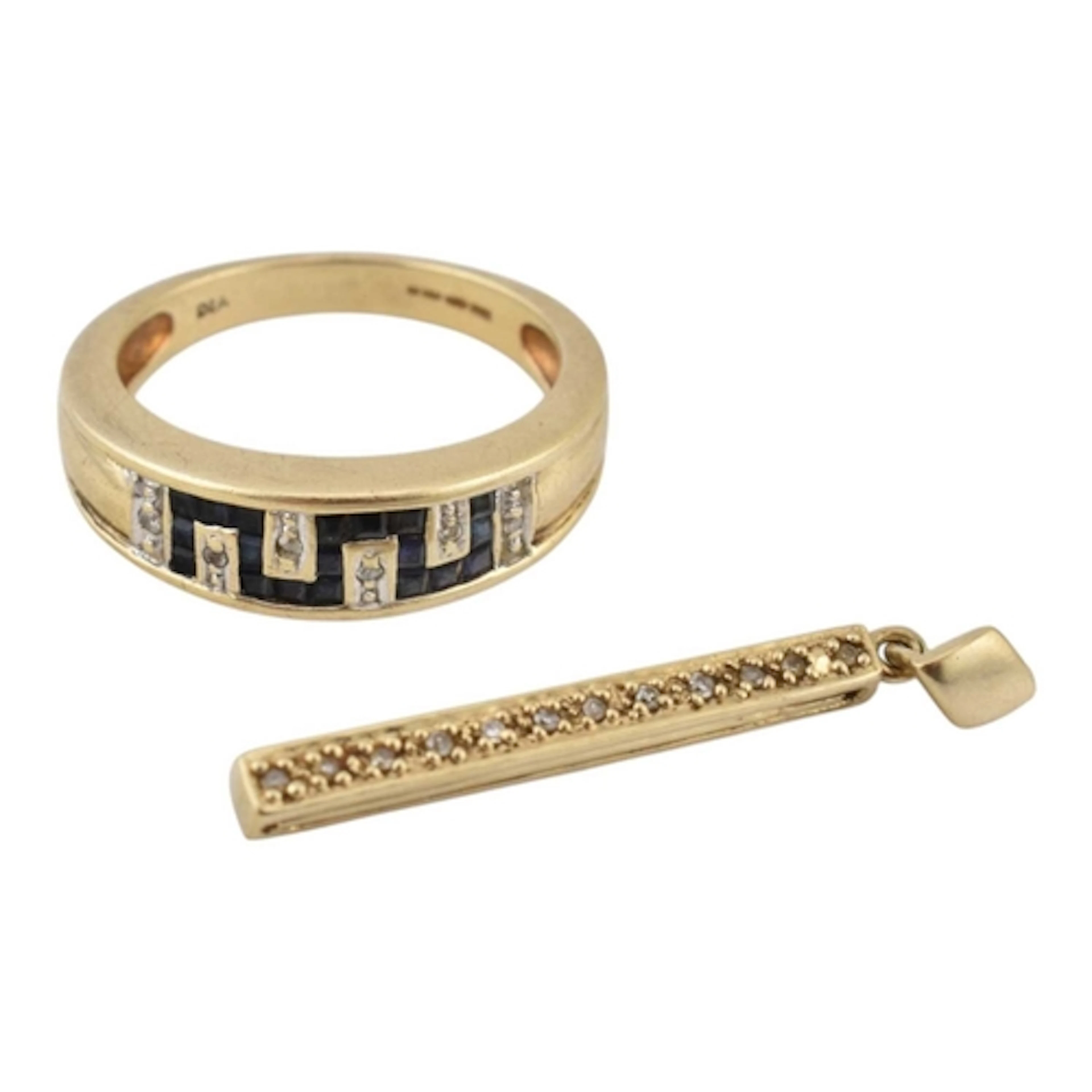 A hallmarked 9ct gold, sapphire and diamond ring with geomet...