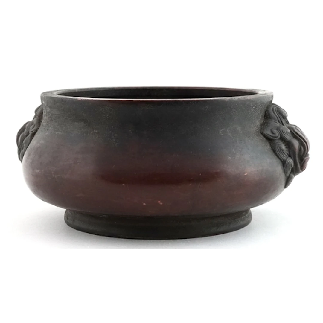 Chinese patinated bronze censer with dragon head handles, ch...