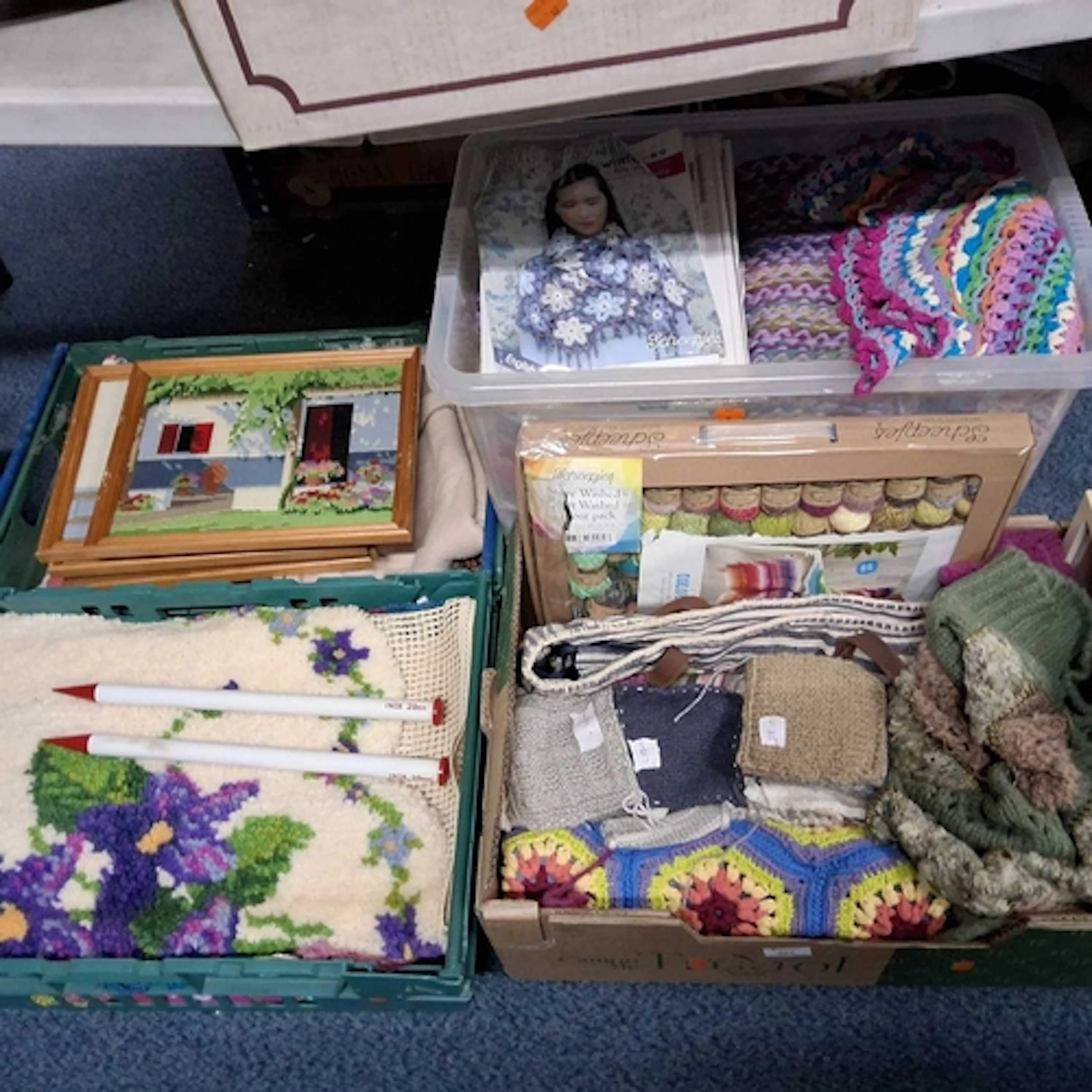 FIVE BOXES OF HAND MADE ITEMS AND KNITTING/CROCHET ITEMS, to...