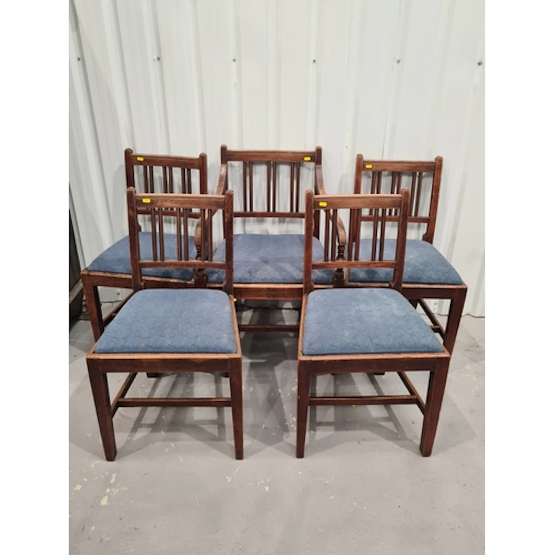 A set of five oak Chairs with blue upholstered drop in seats...