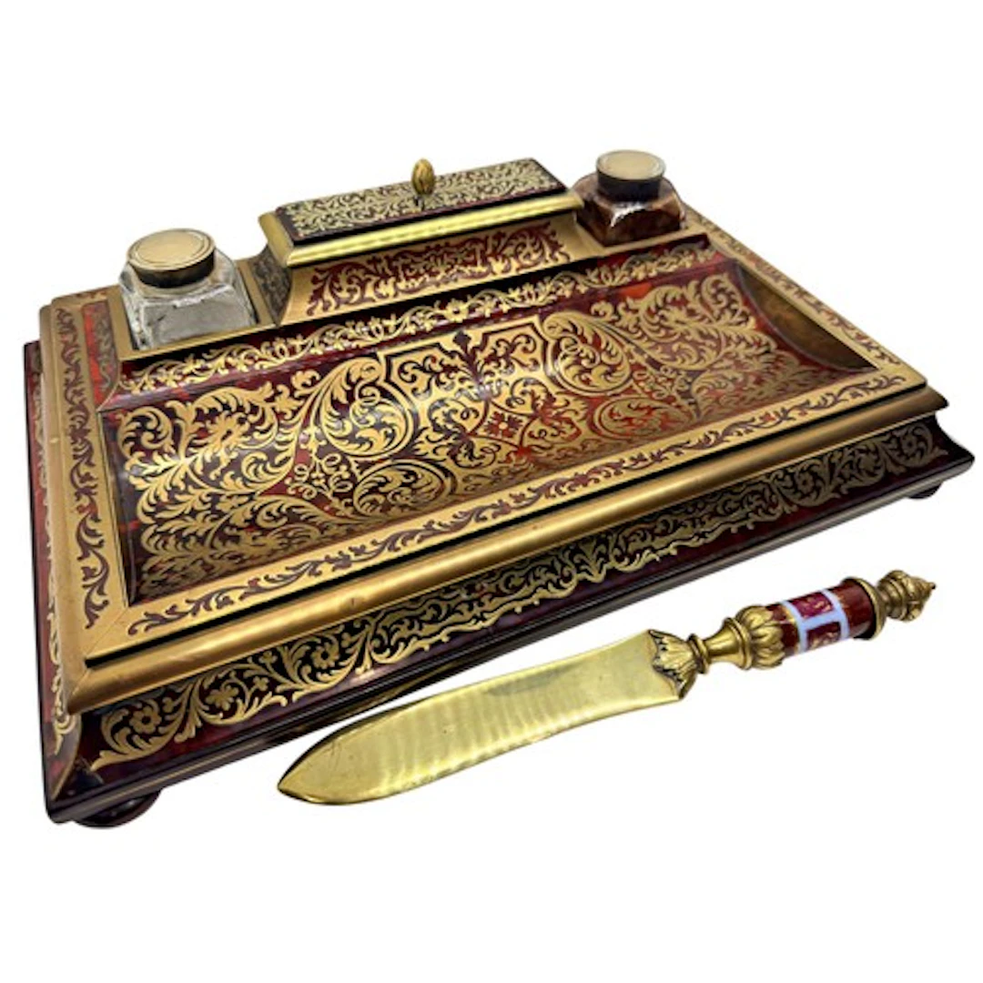 A 19th Century French Boulle work desk top ink stand, 7.5cm ...