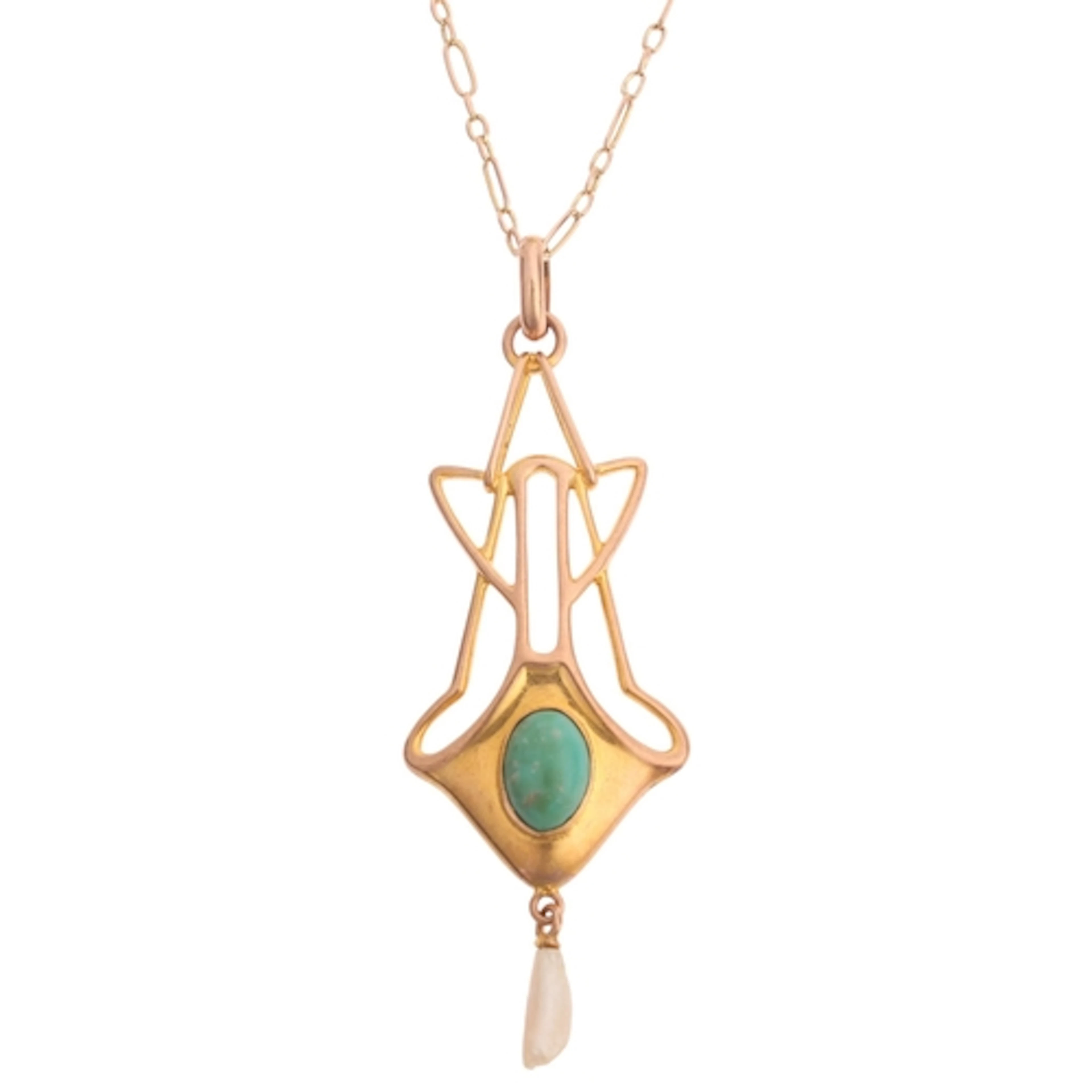 An Art Nouveau 9ct rose gold turquoise and pearl openwork pe...