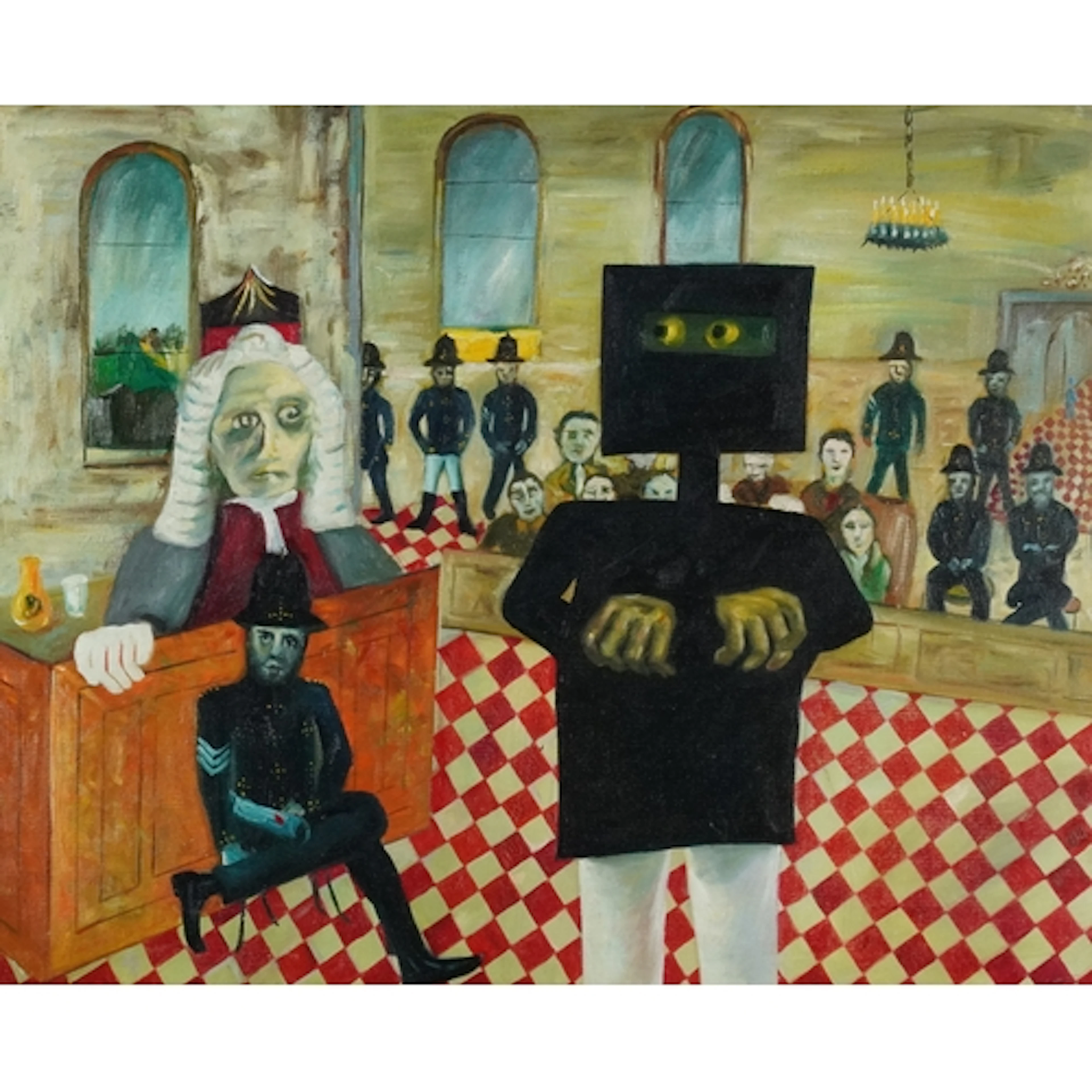 Surreal courtroom scene, oil on board, mounted and framed, 5...
