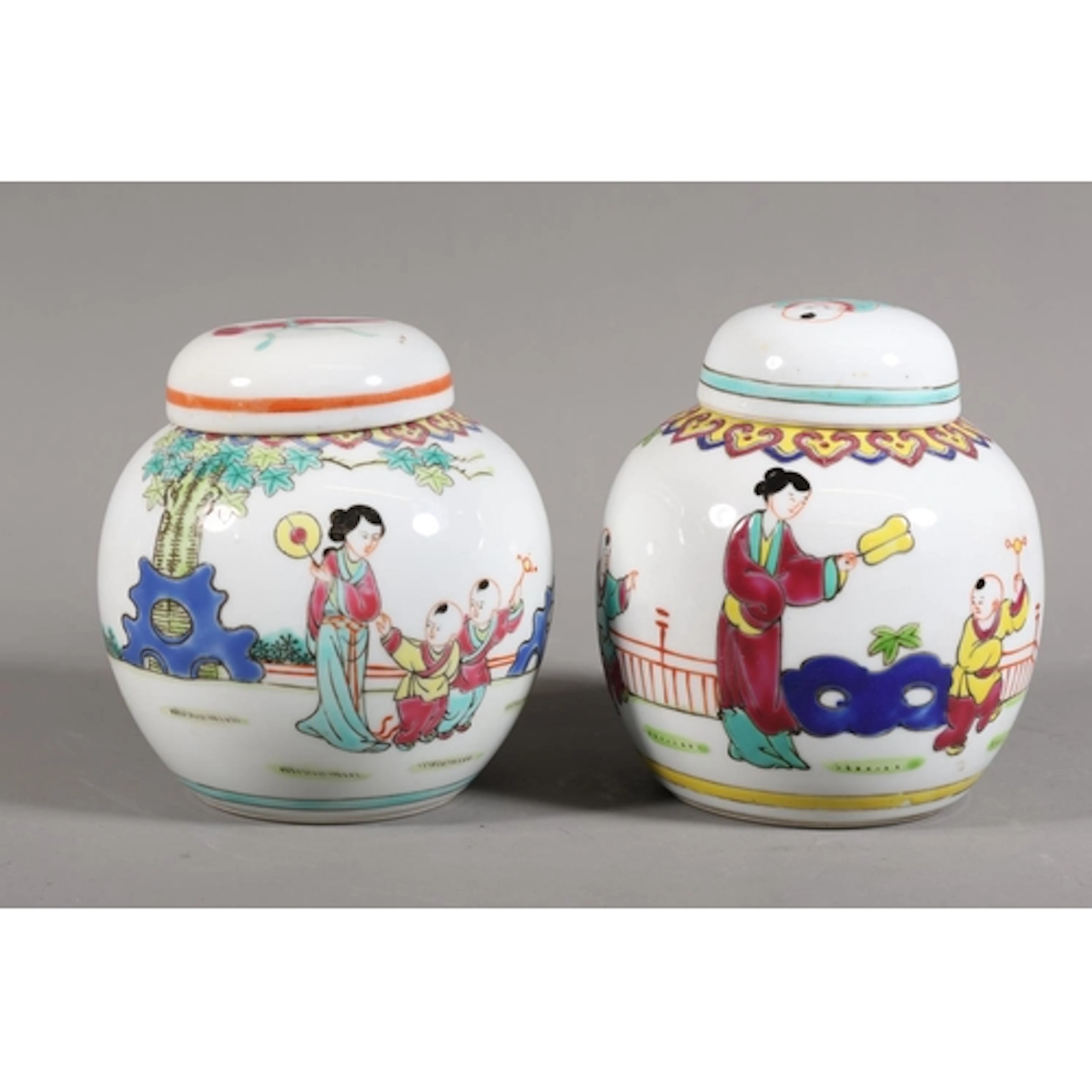 Pair of famille rose ginger jars and covers.