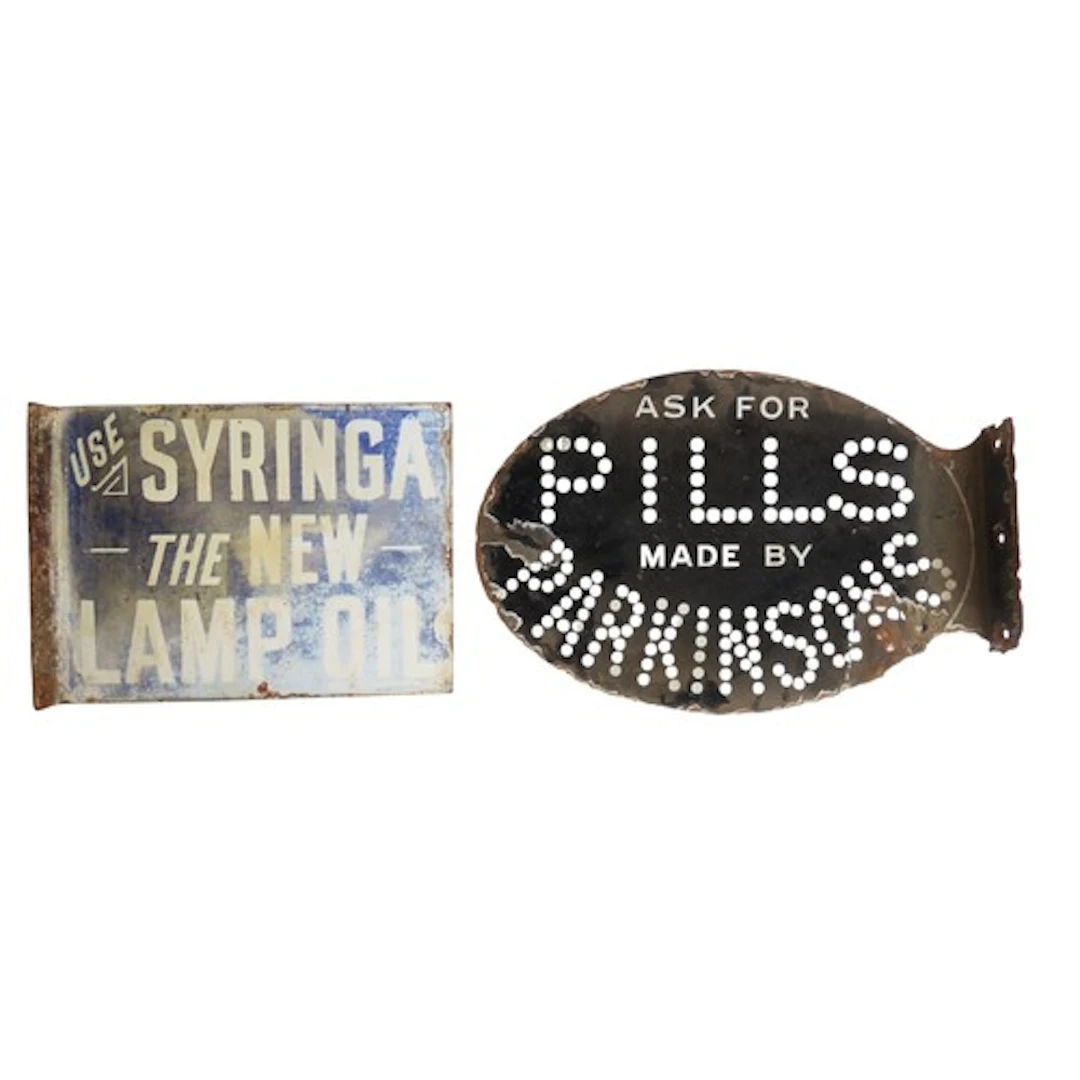 TWO DOUBLE-SIDED PROJECTING ENAMELED ADVERTISING SIGNS for P...