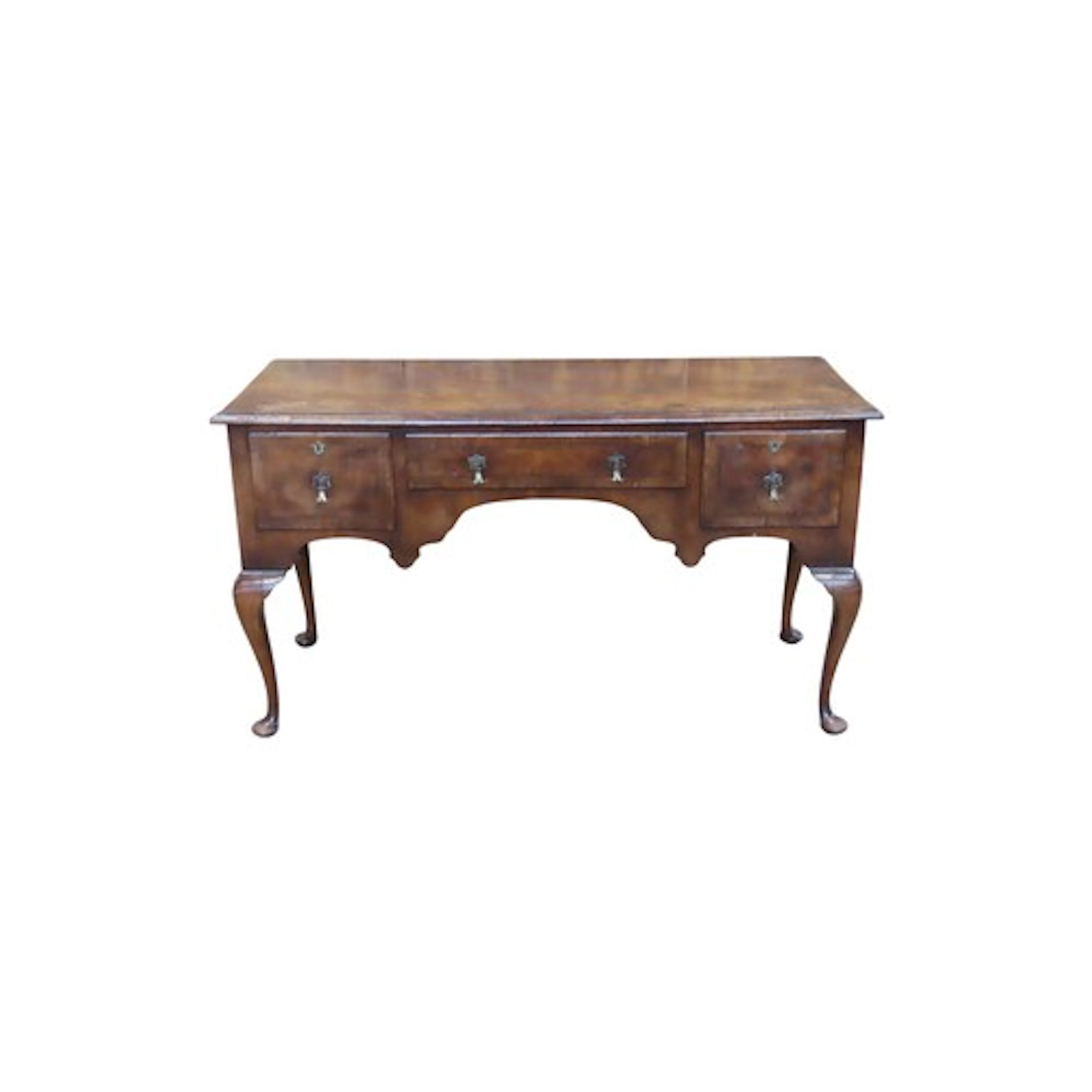 An antique Queen Anne style walnut kneehole side table fitt...