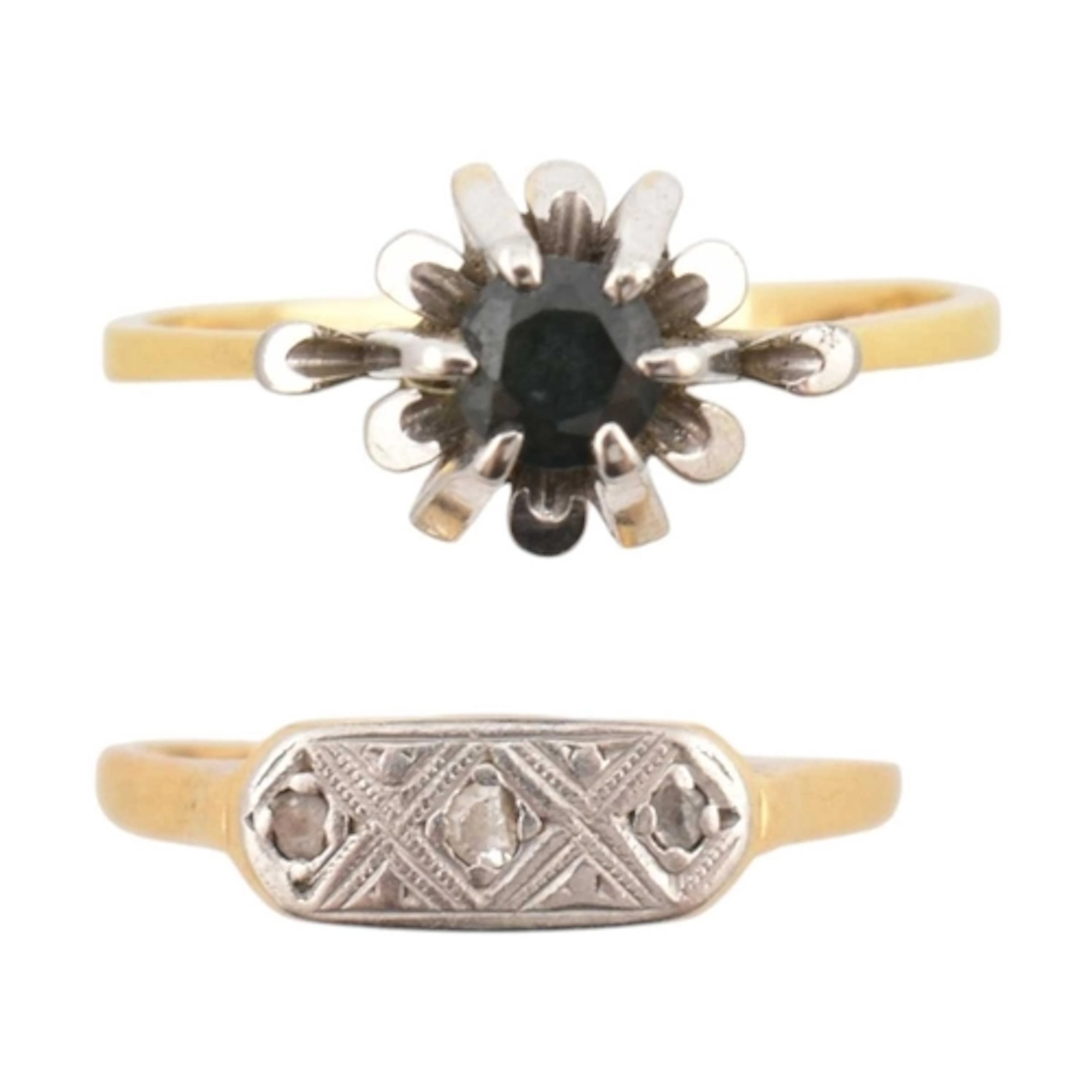 Two 18ct gold rings to include: An 18ct gold and sapphire c...