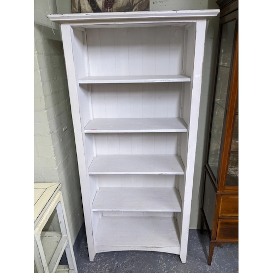 A grey painted open book shelves, four adjustable shelves, o...