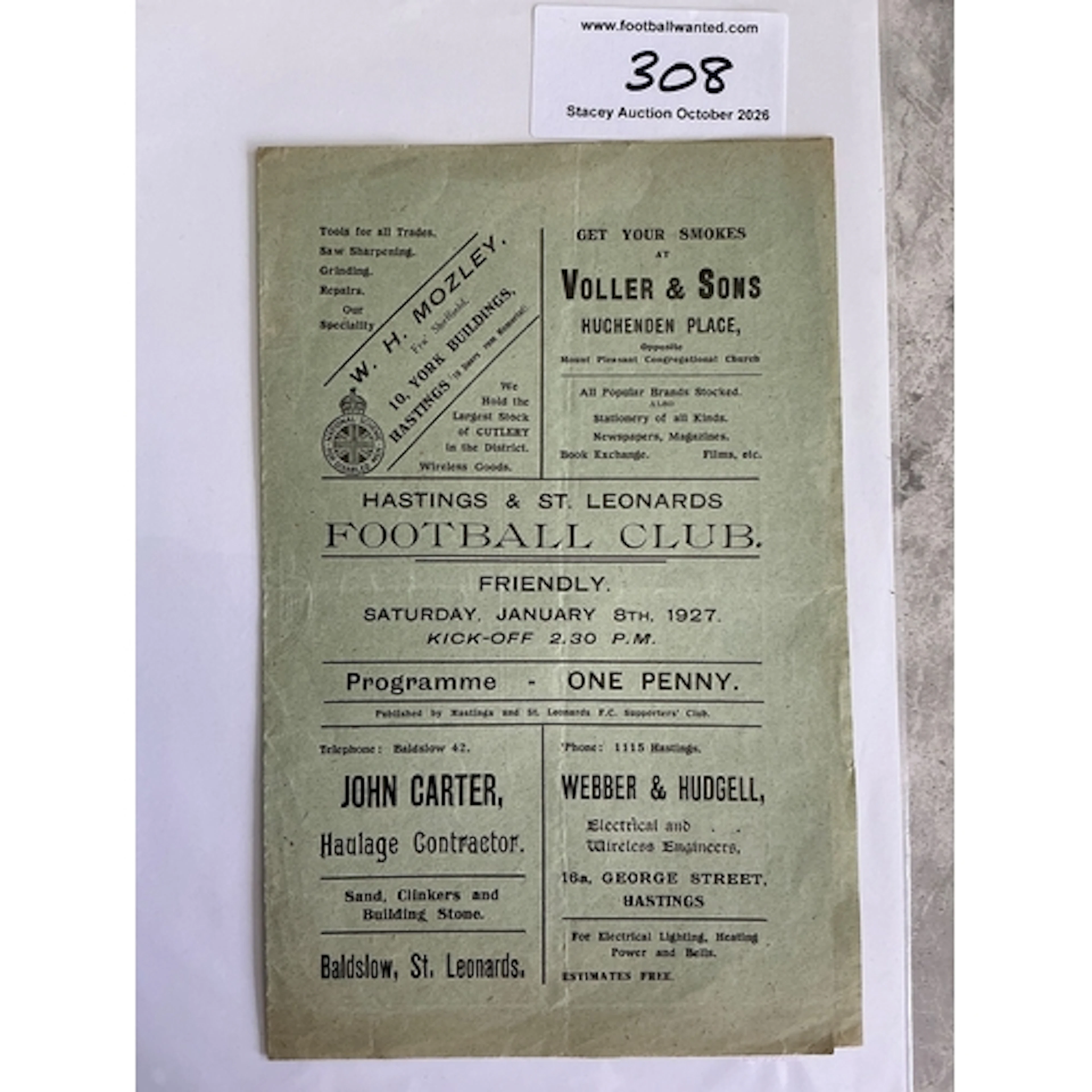 1926 - 1927 Hastings v Bank Of England Football Programme: F...