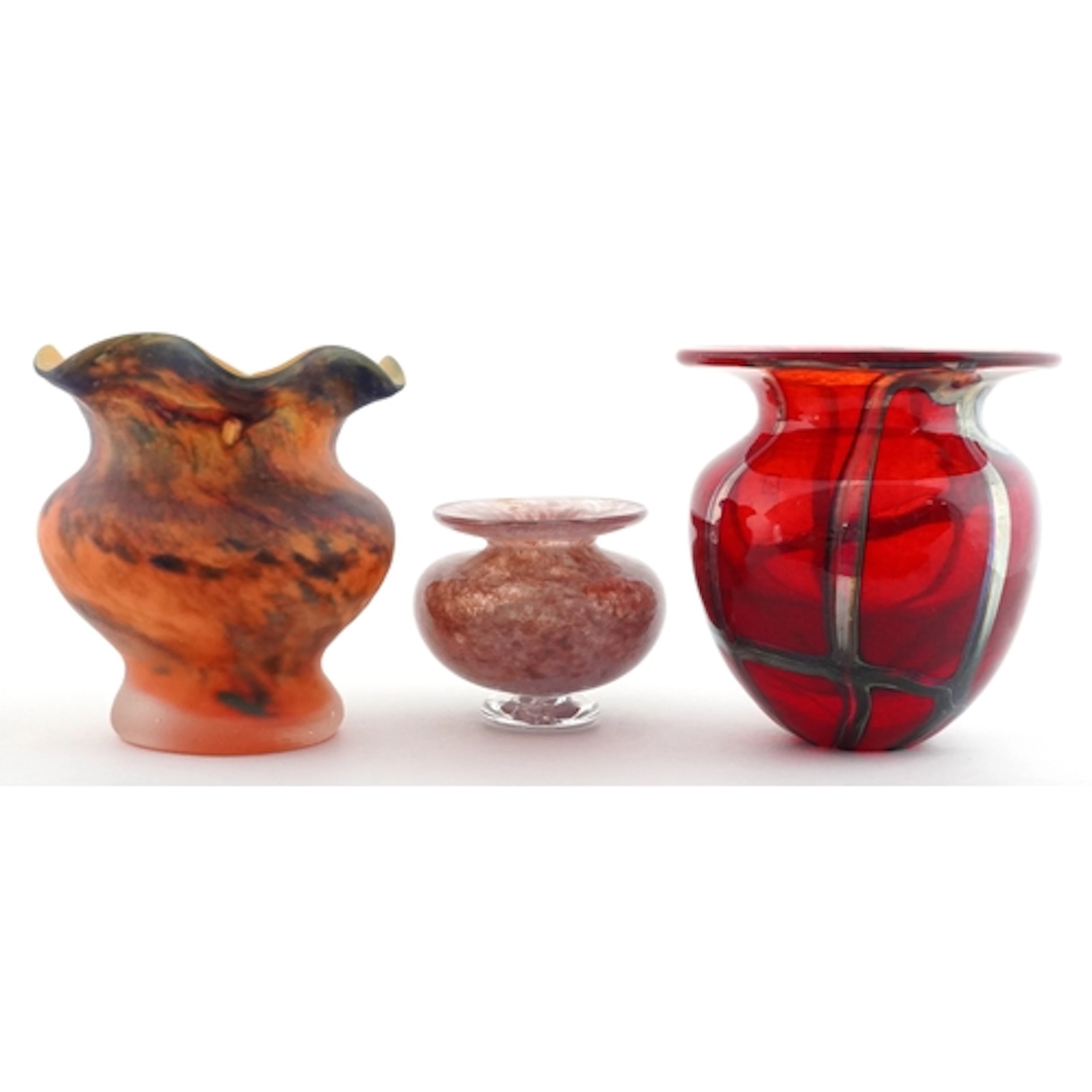 Three decorative art glass vases including Mdina, marbled va...