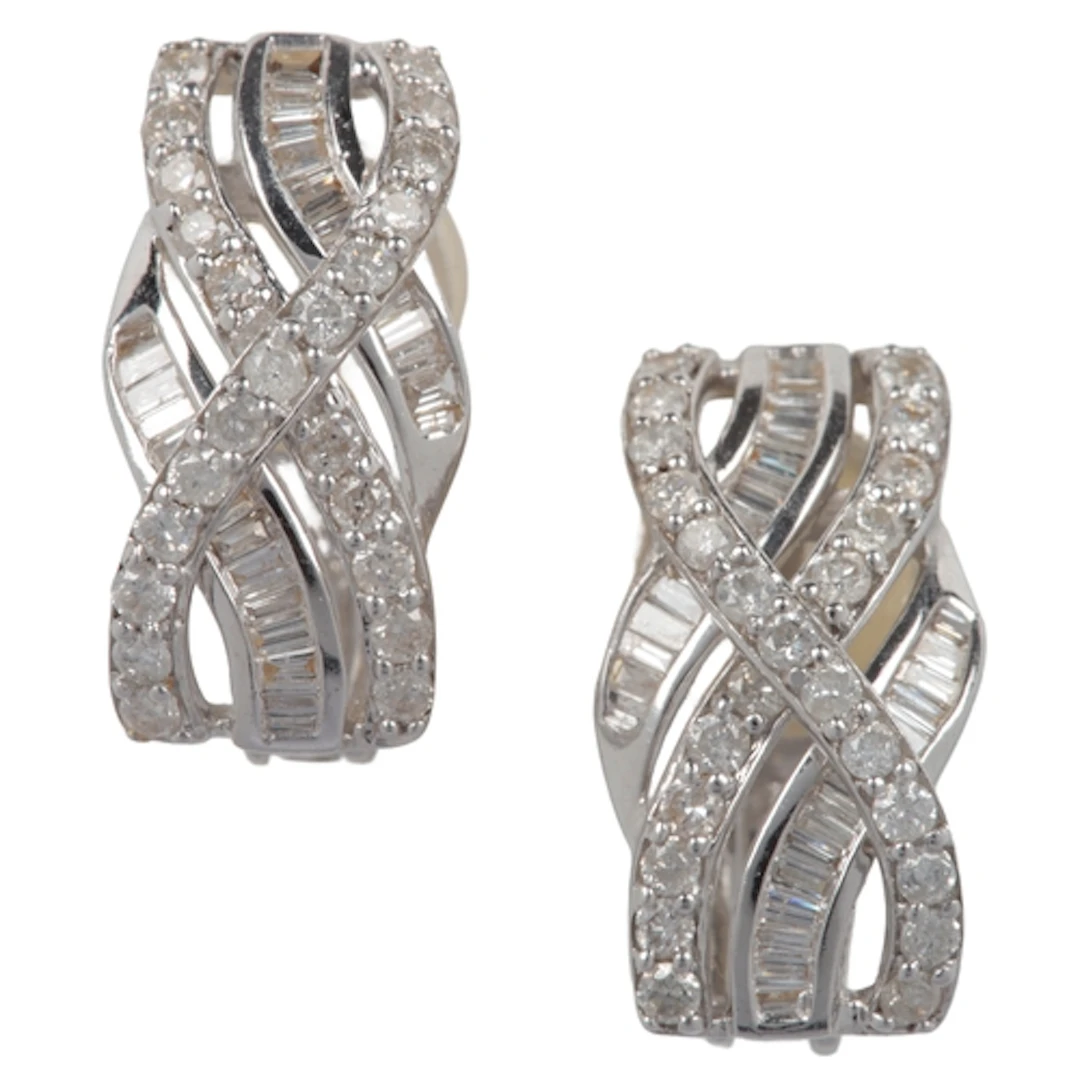 A pair of diamond earrings, designed as interwoven lines of ...