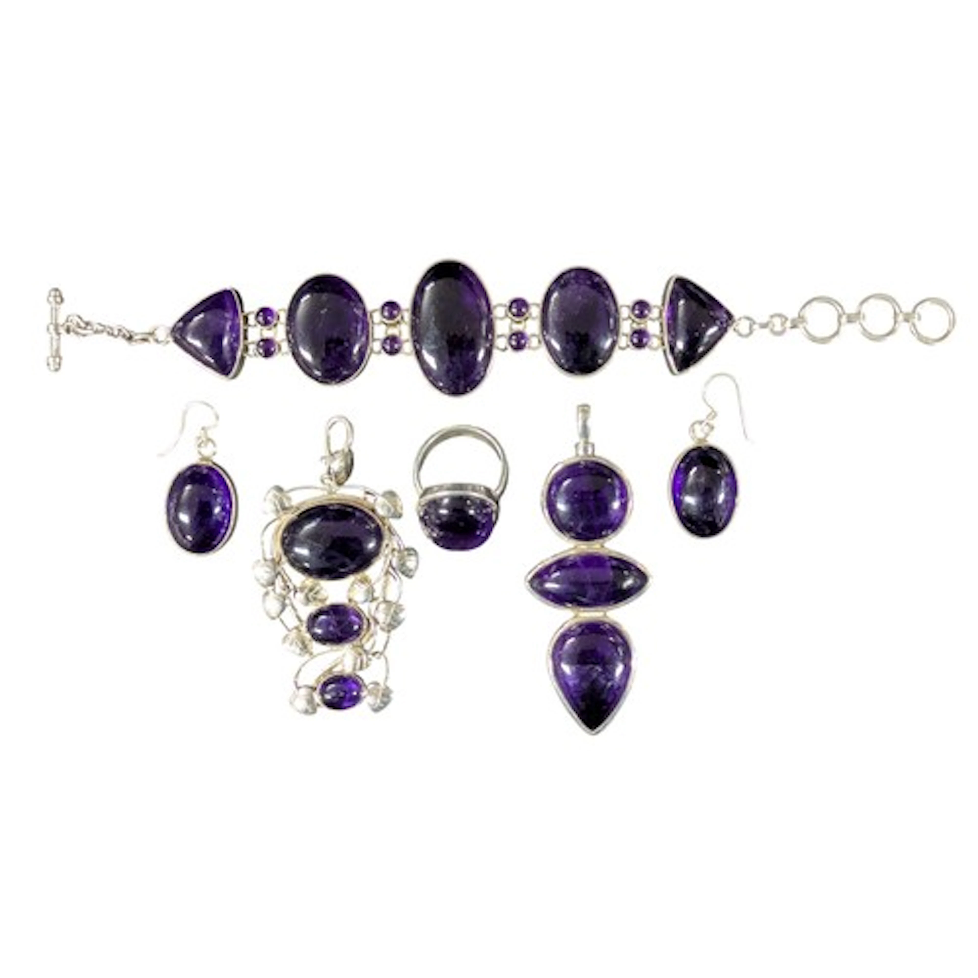 A silver and amethyst cabochon bracelet, stamped 925, 21cm l...