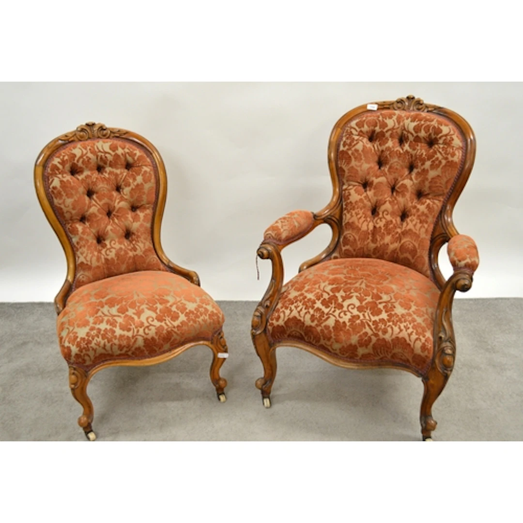 Victorian walnut and upholstered ladies and gentleman's spoo...