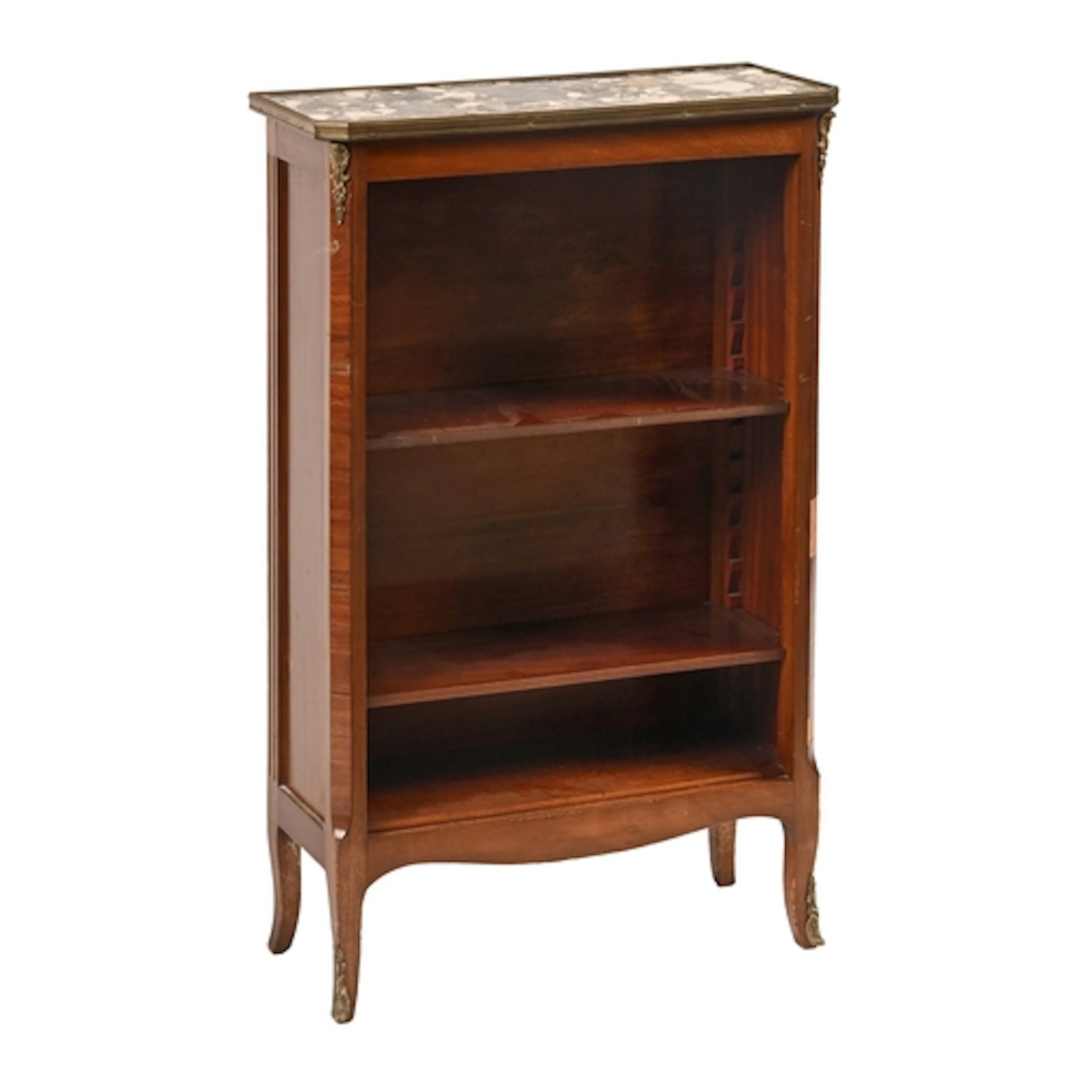 A French mahogany open bookcase, early 20th c, with brass mo...
