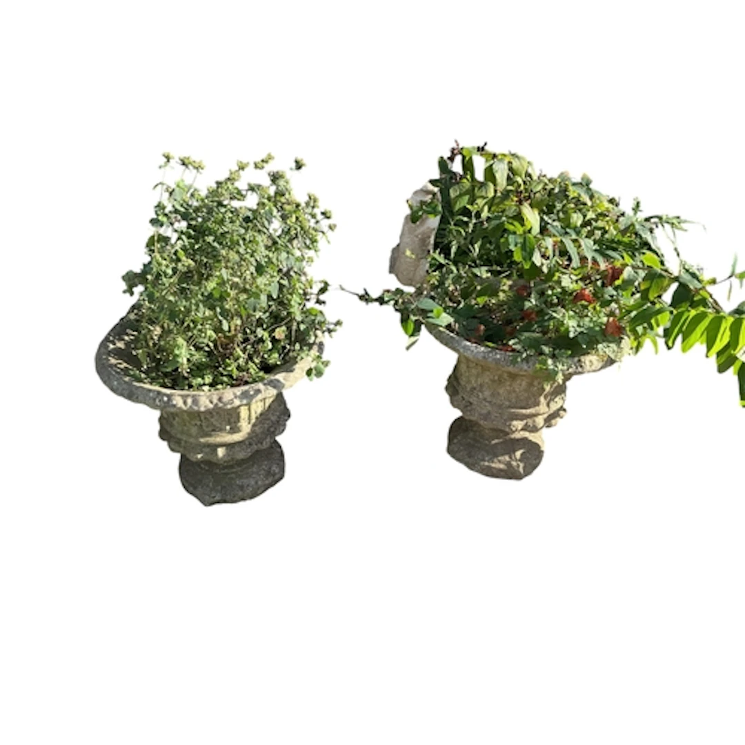 A pair of reconstituted stone campana garden urns, height 34...