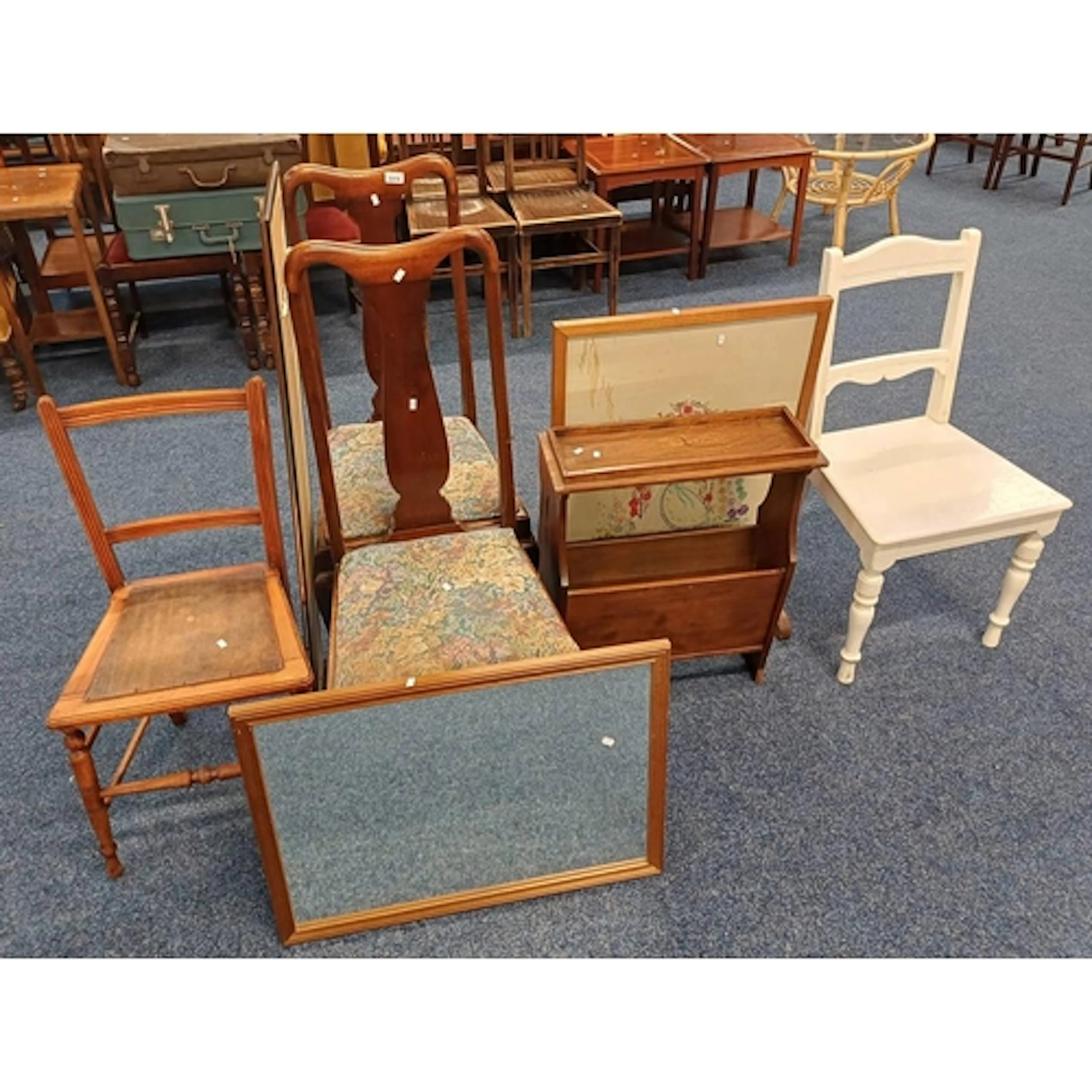 FOLDING TAPESTRY SCREEN, PAINTED DINING CHAIR, MAGAZINE RACK...
