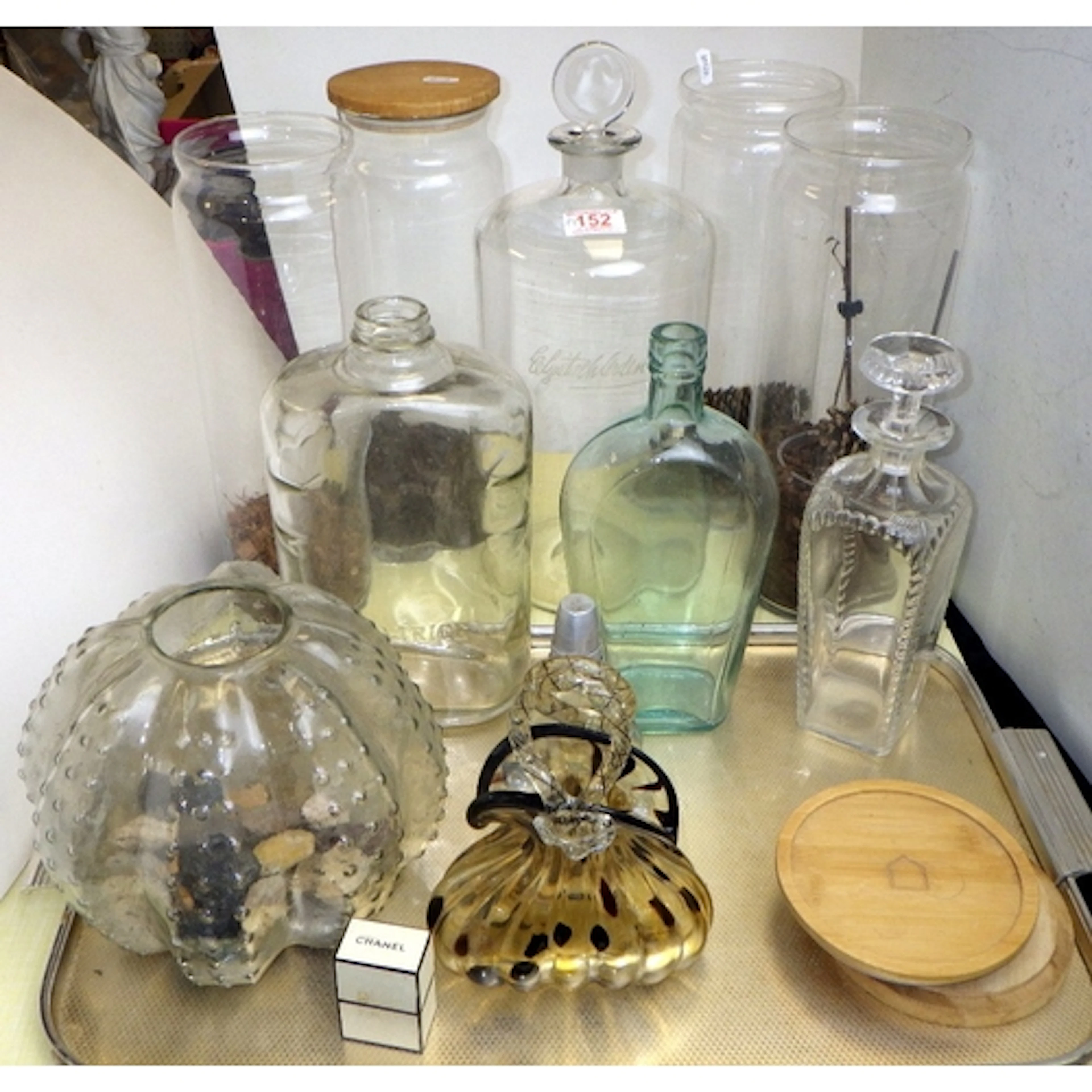 A group of glassware to inc a 19thC decanter, storage jars, ...
