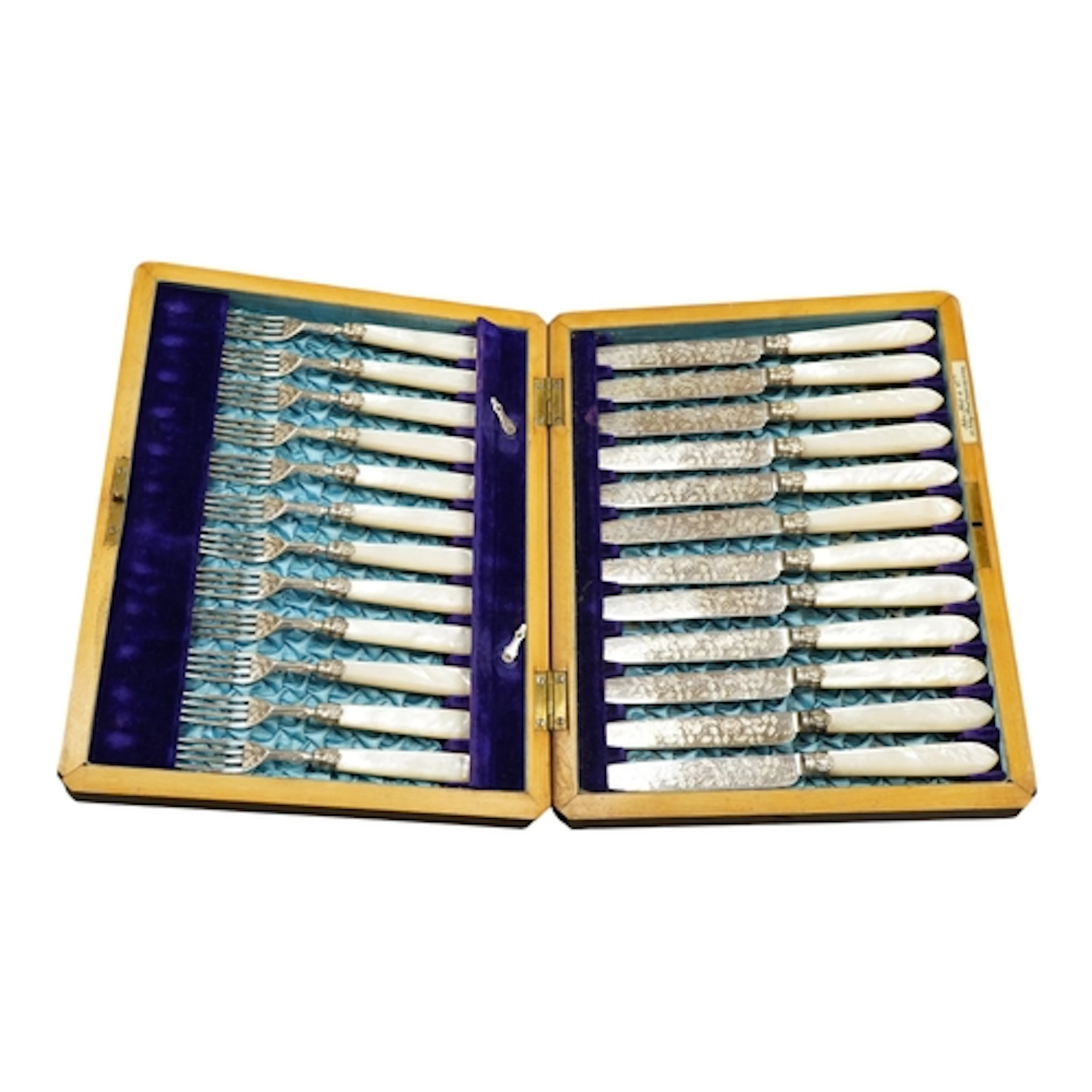 A cased set of twelve pairs of late Victorian mother of pear...
