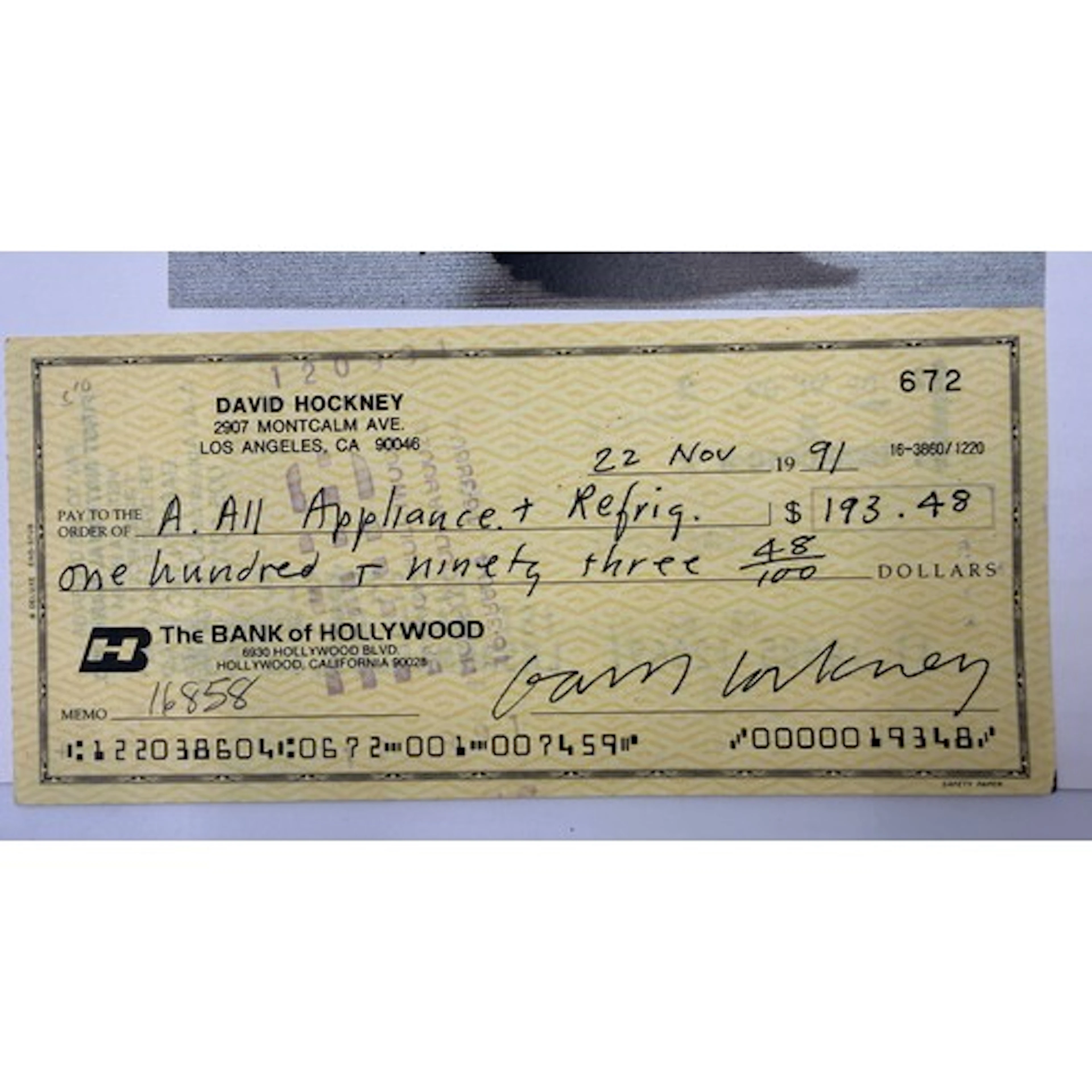 David Hockney (1937-2026) cheque - to A. All Appliance & Ref...