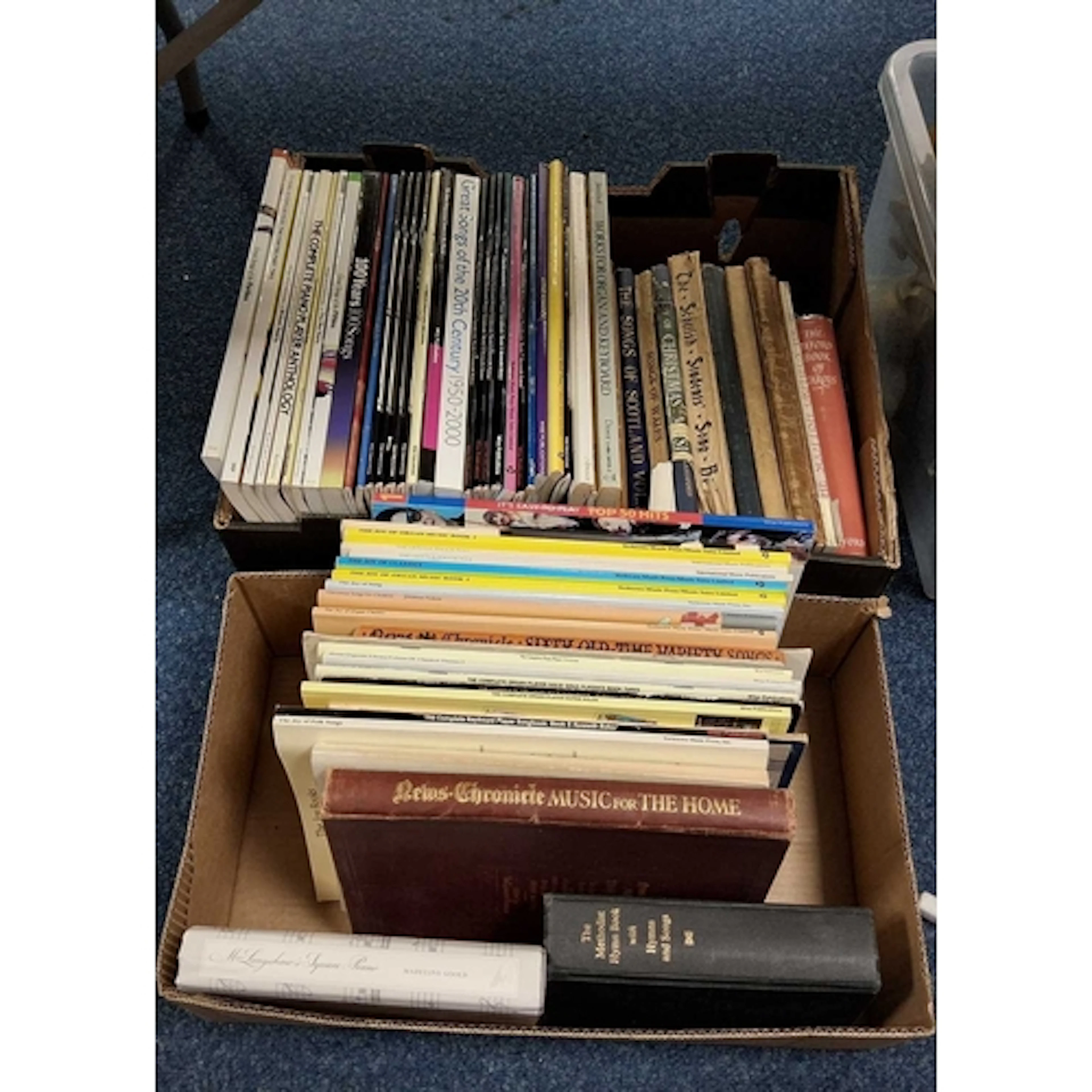 TWO BOXES OF MUSIC AND PIANO RELATED BOOKS, approximatly fif...