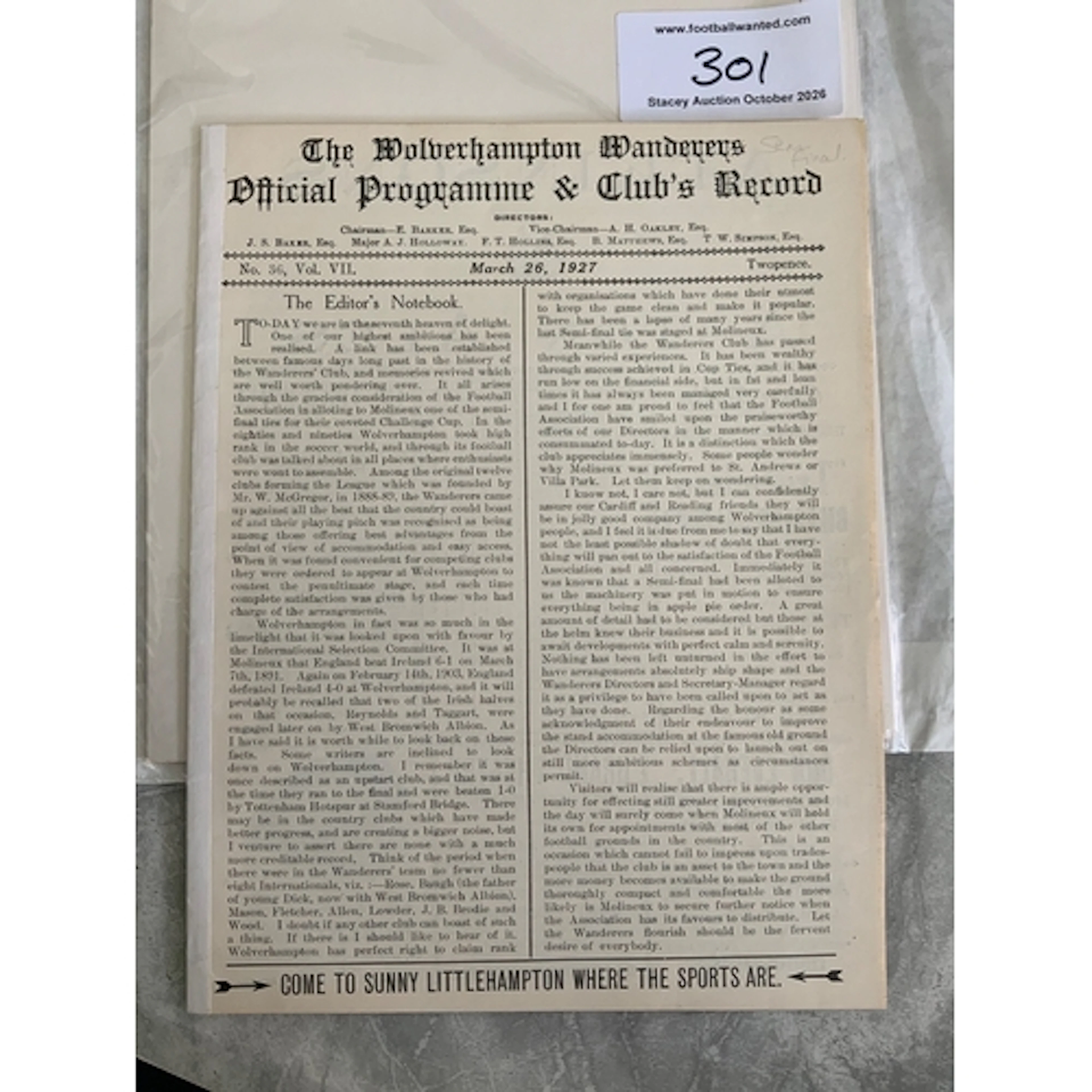 1927 FA Cup Semi Final Football Programme: Cardiff City v Re...