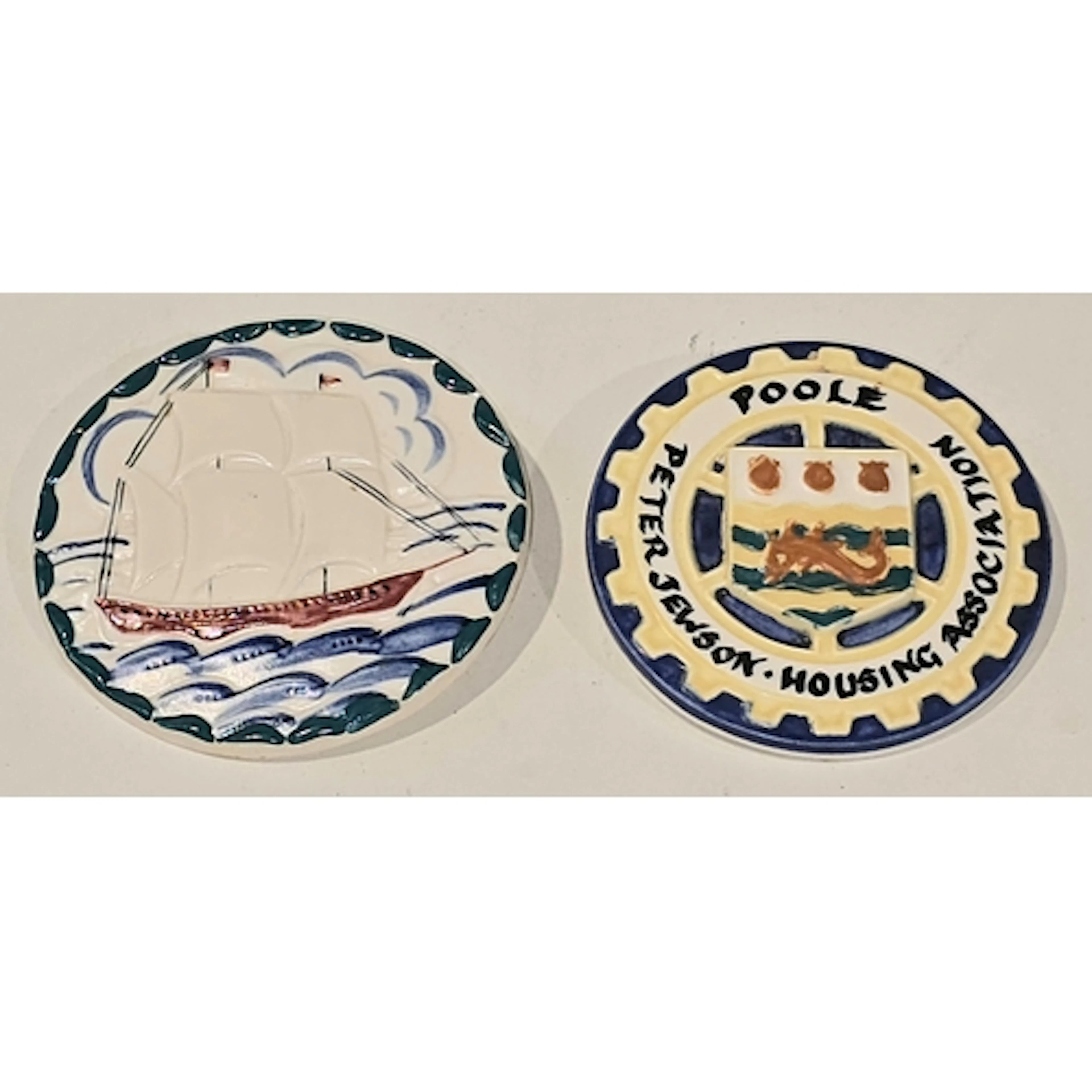 Poole Pottery Studio brooch depicting a Galleon 2.2" dia tog...