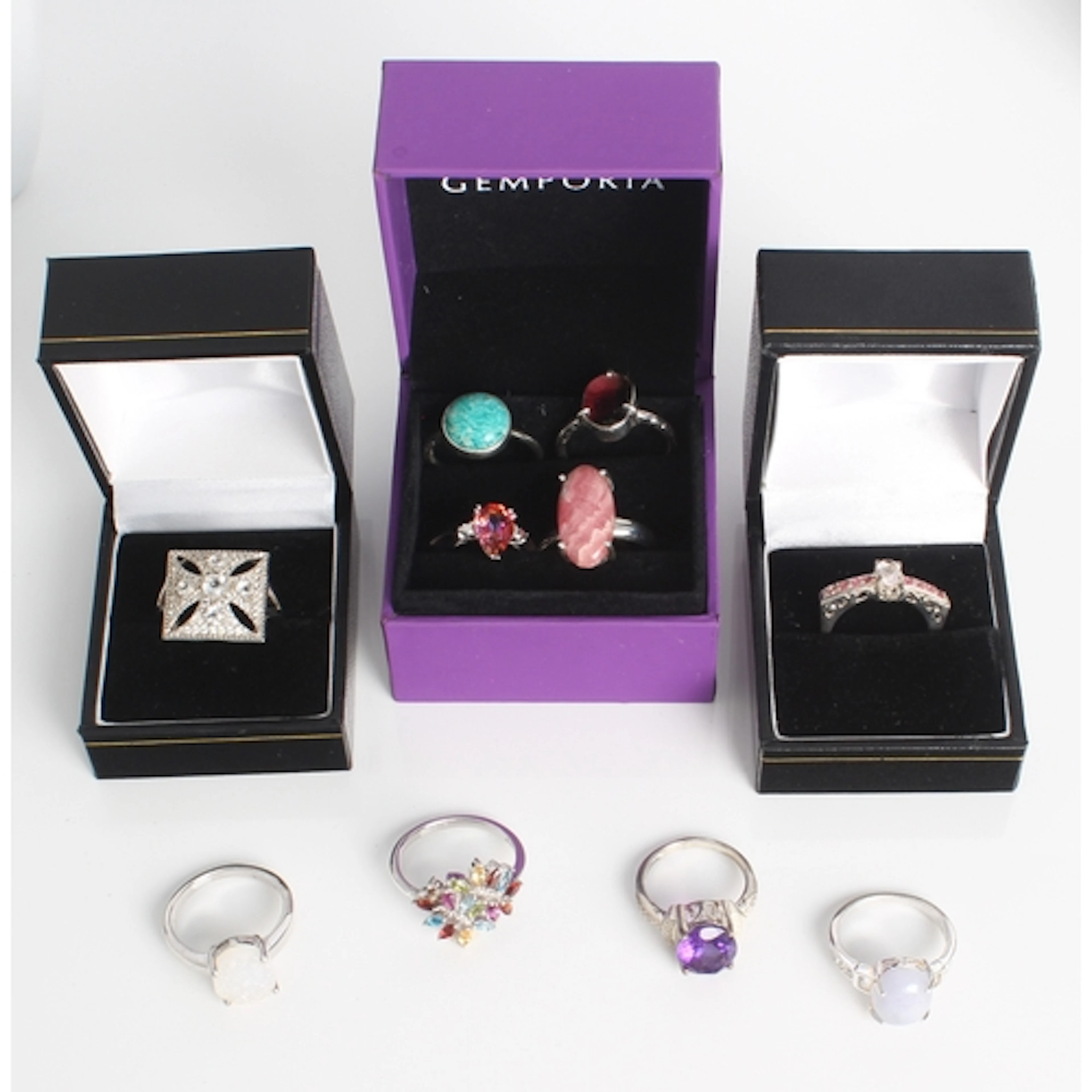 A collection of ten sterling silver and gemstone rings, comp...