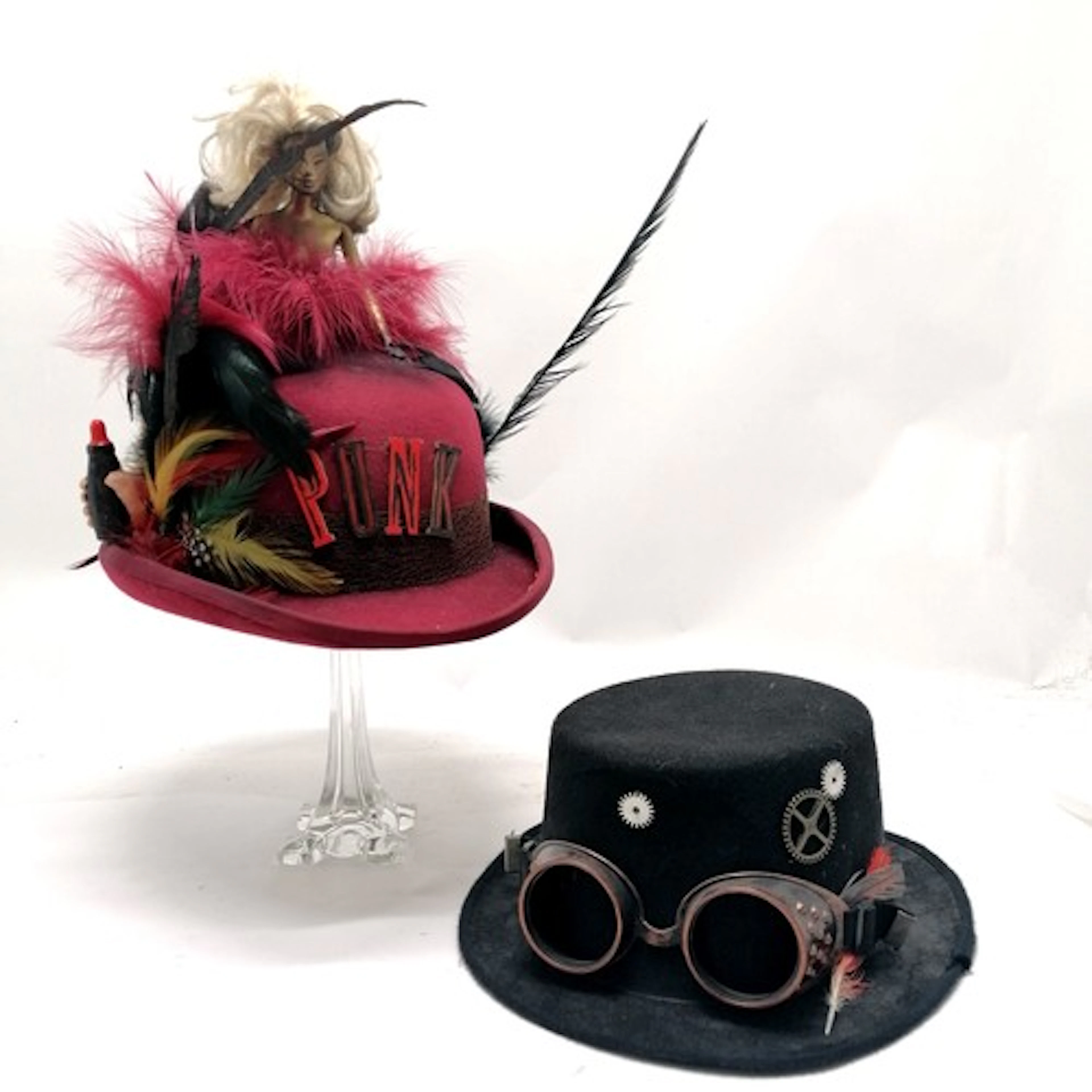 2 x steampunk hats - feather decorated bowler hat size XL