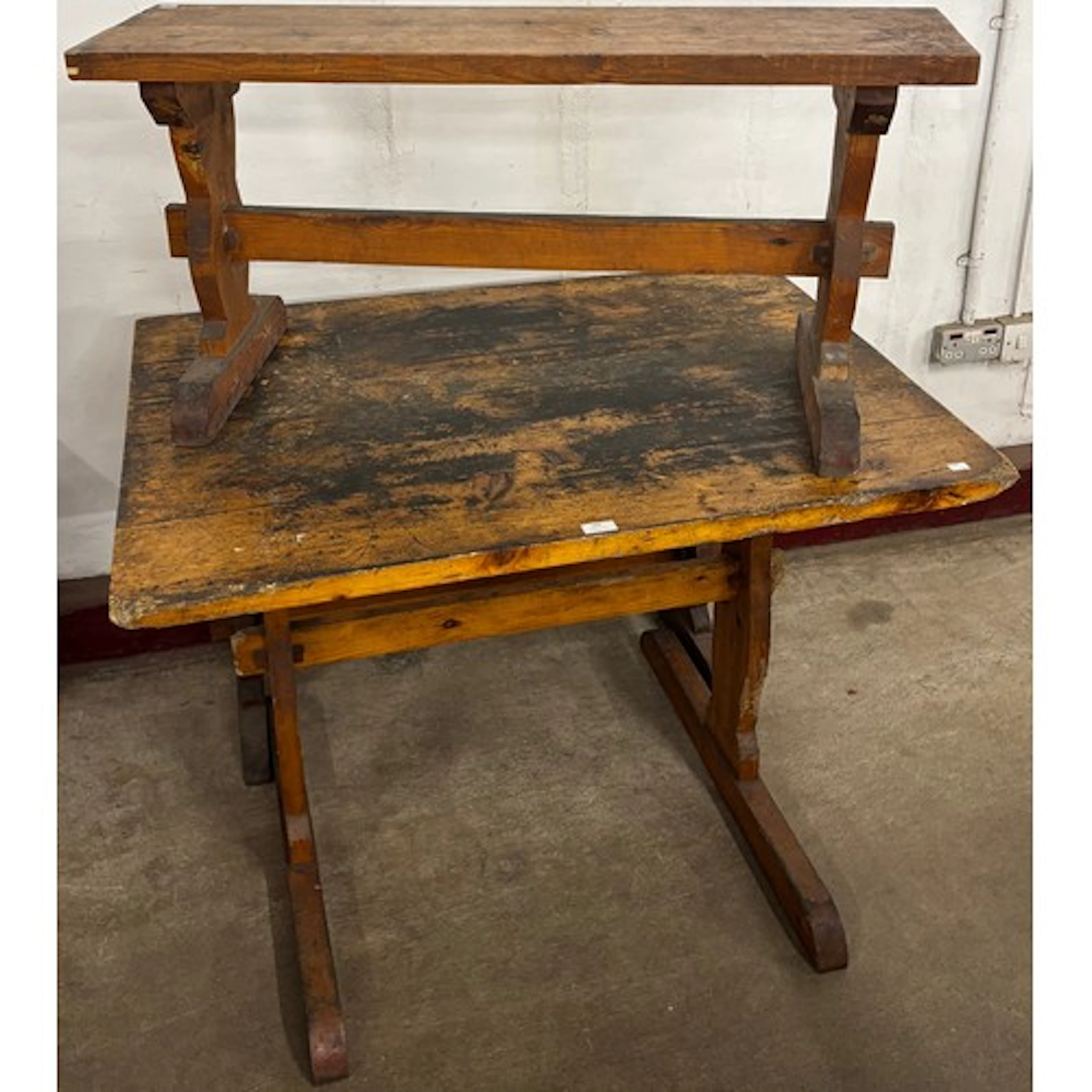 A Victorian style pine kitchen table and a pair of pine benc...