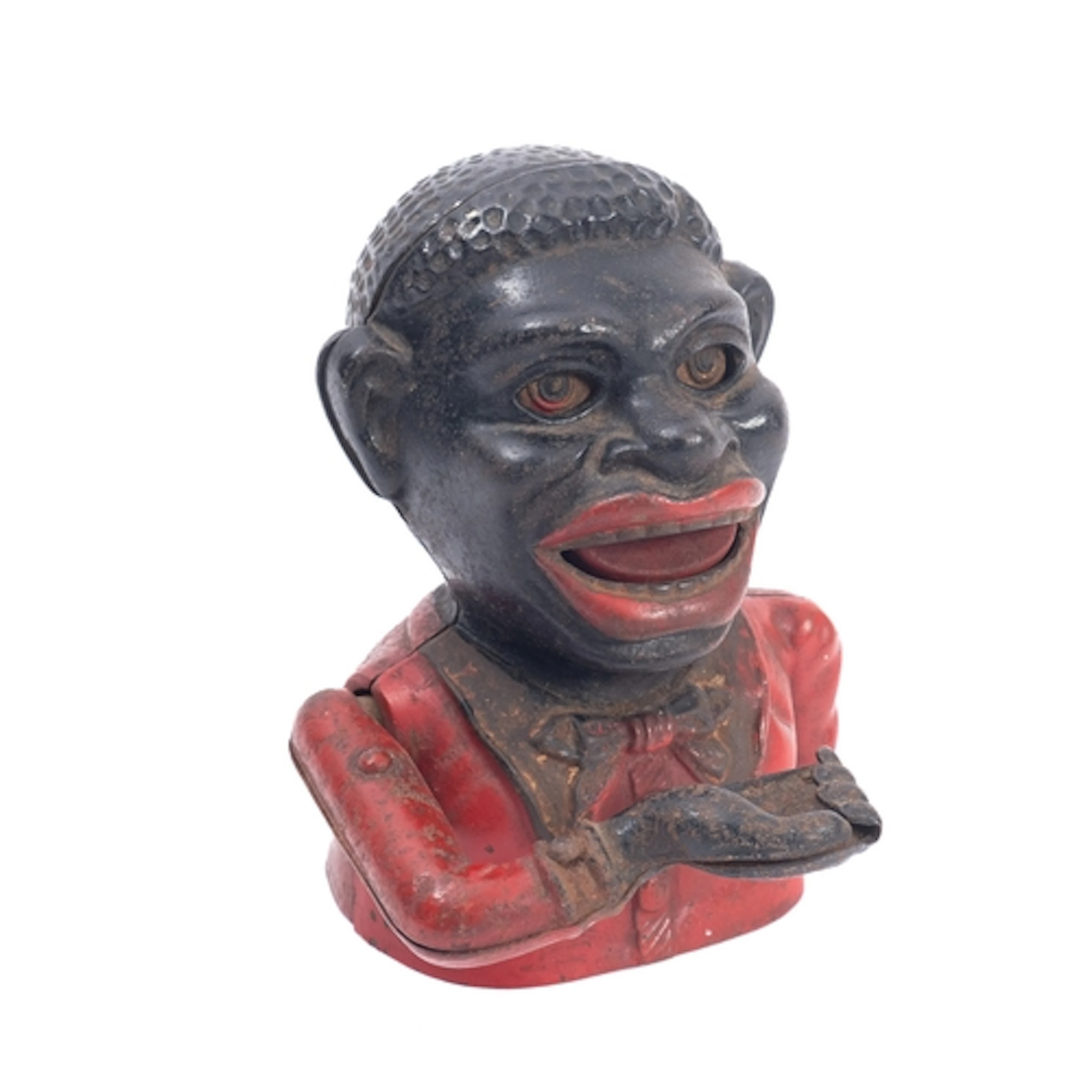 An American cast iron mechanical money bank. Shown wearing a...