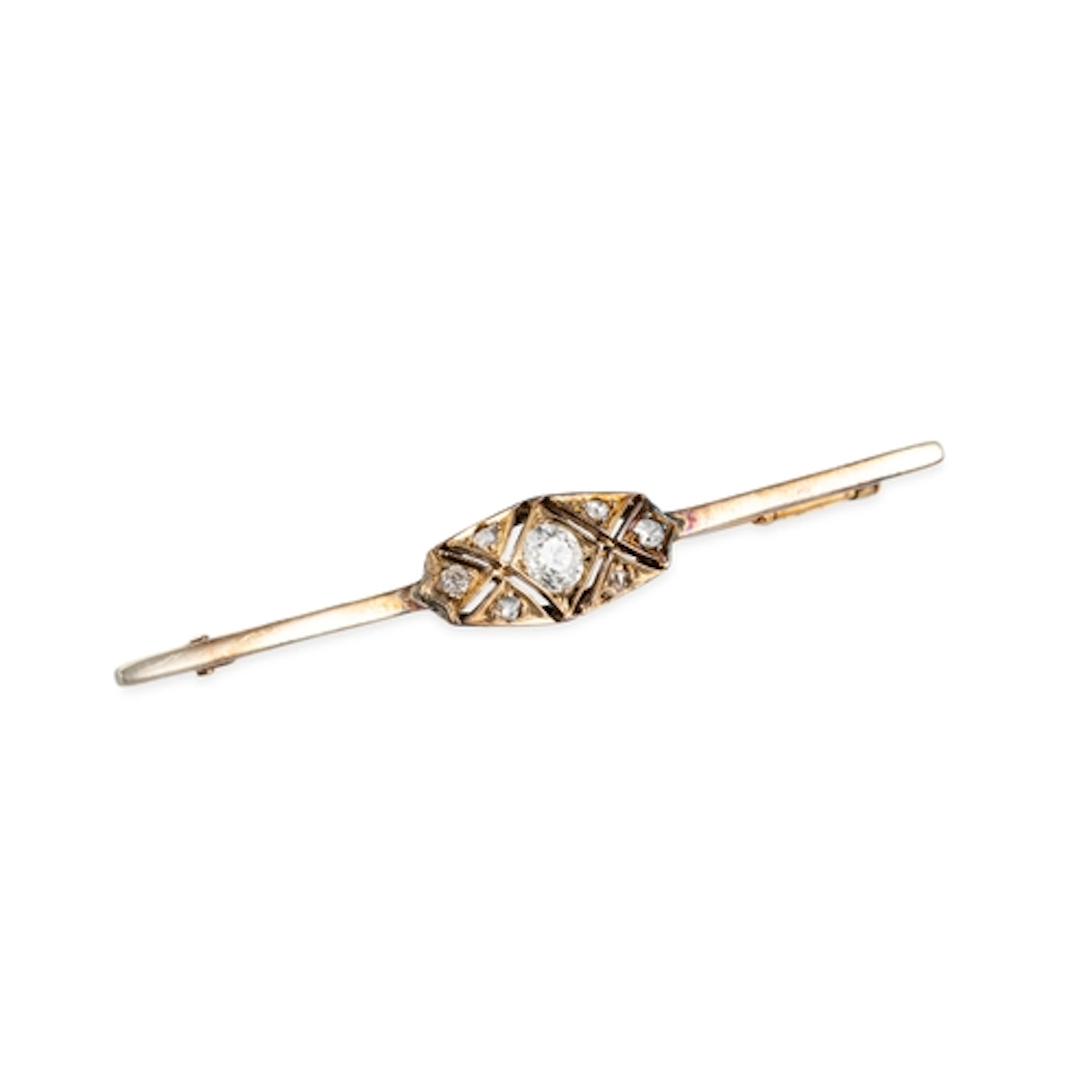 A VINTAGE DIAMOND SET BAR BROOCH, the old cut diamonds mount...