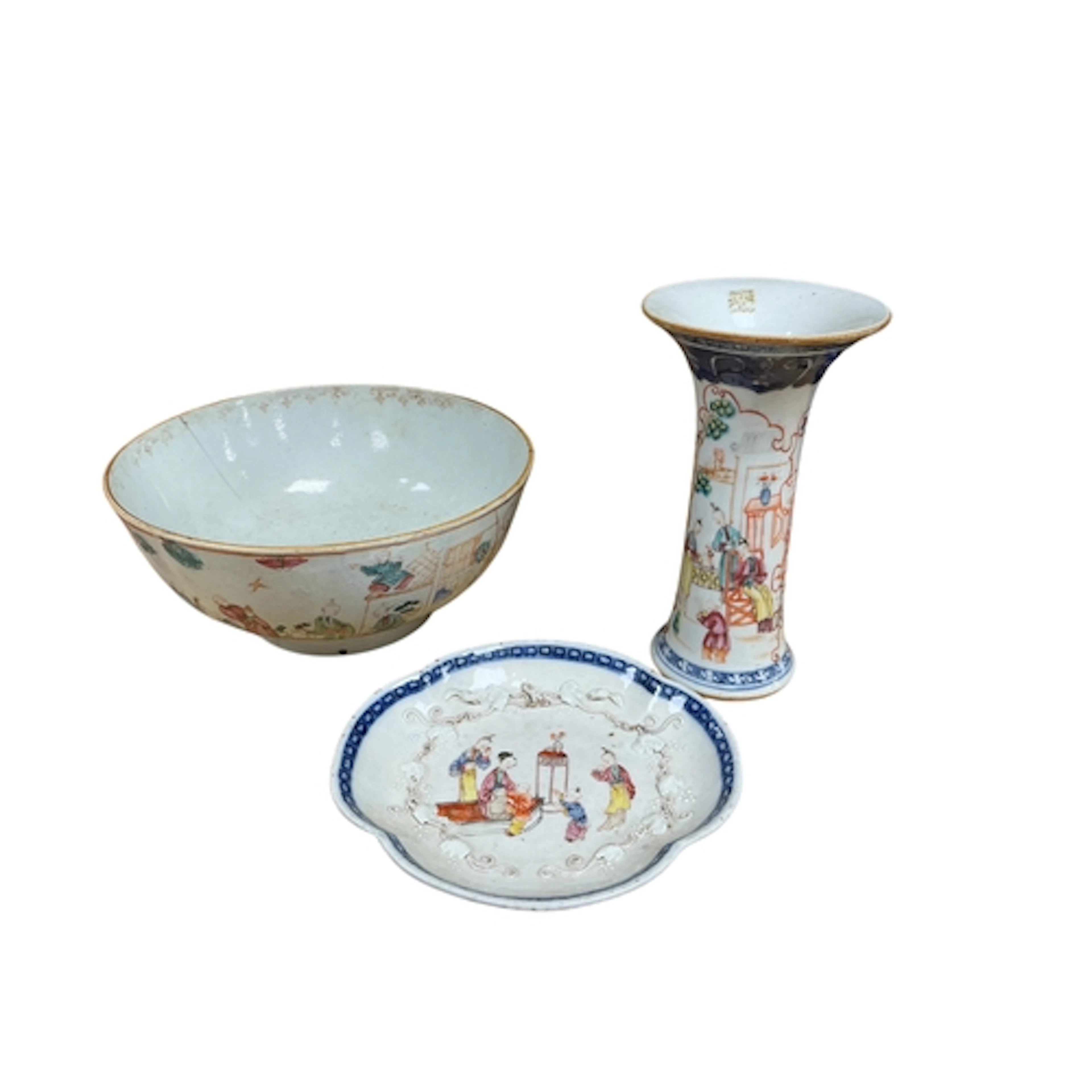A Chinese famille rose Mandarin pattern vase, saucer dish an...