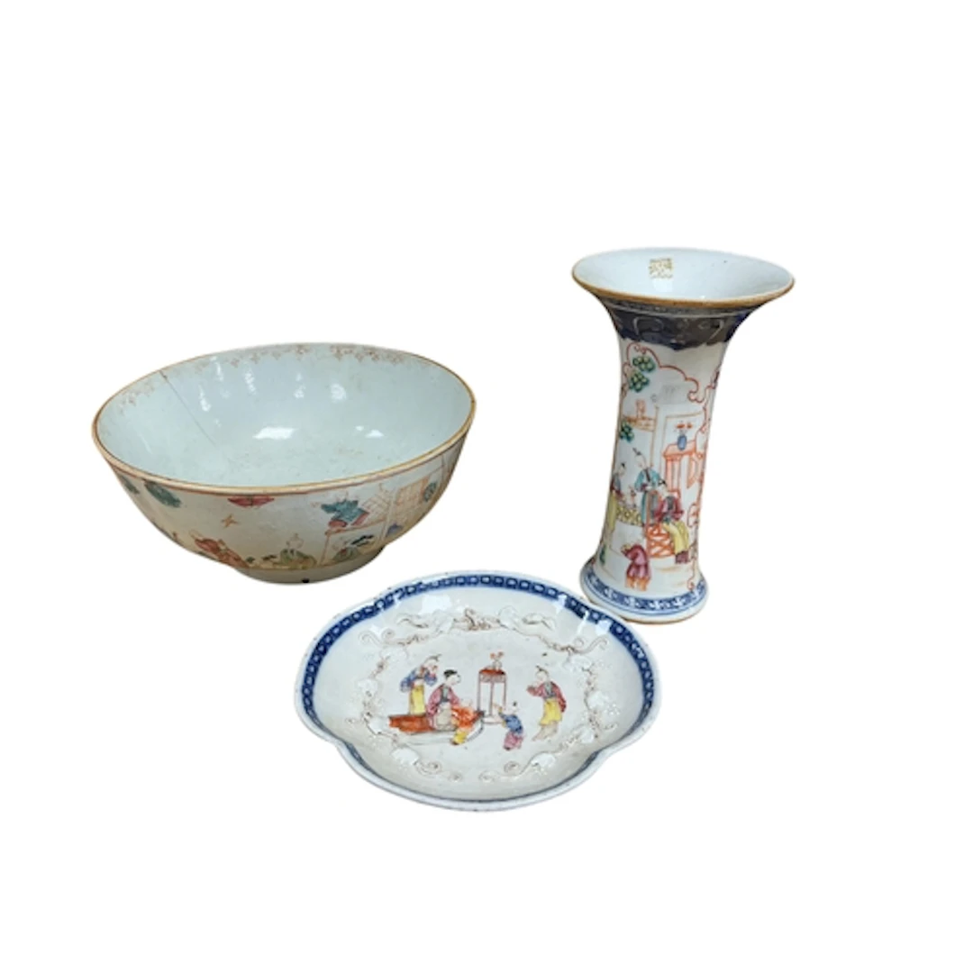 A Chinese famille rose Mandarin pattern vase, saucer dish an...