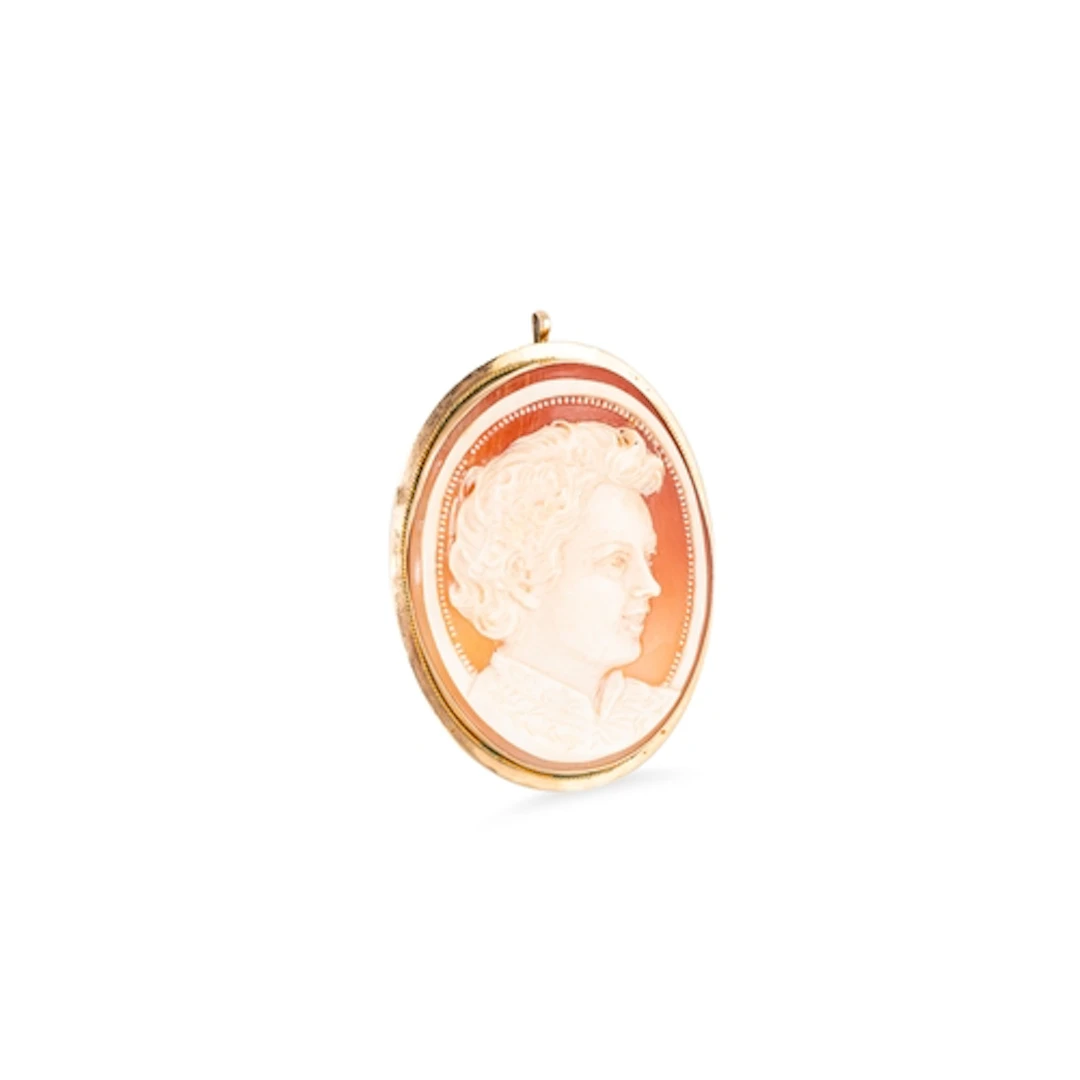 A CAMEO BROOCH/ PENDANT, depicting a lady in profile, with a...