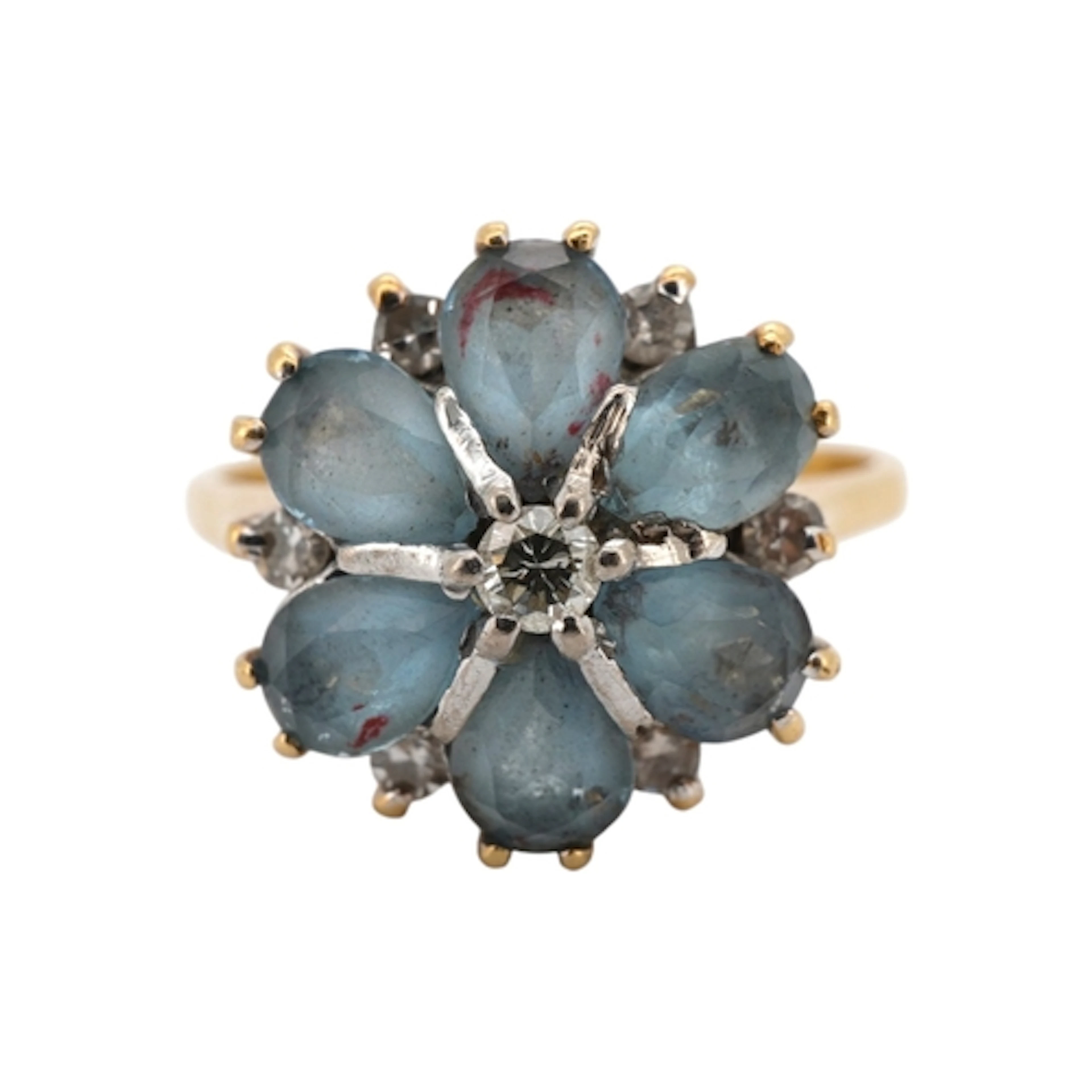 An aquamarine and diamond cluster ring, set with pear-shaped...