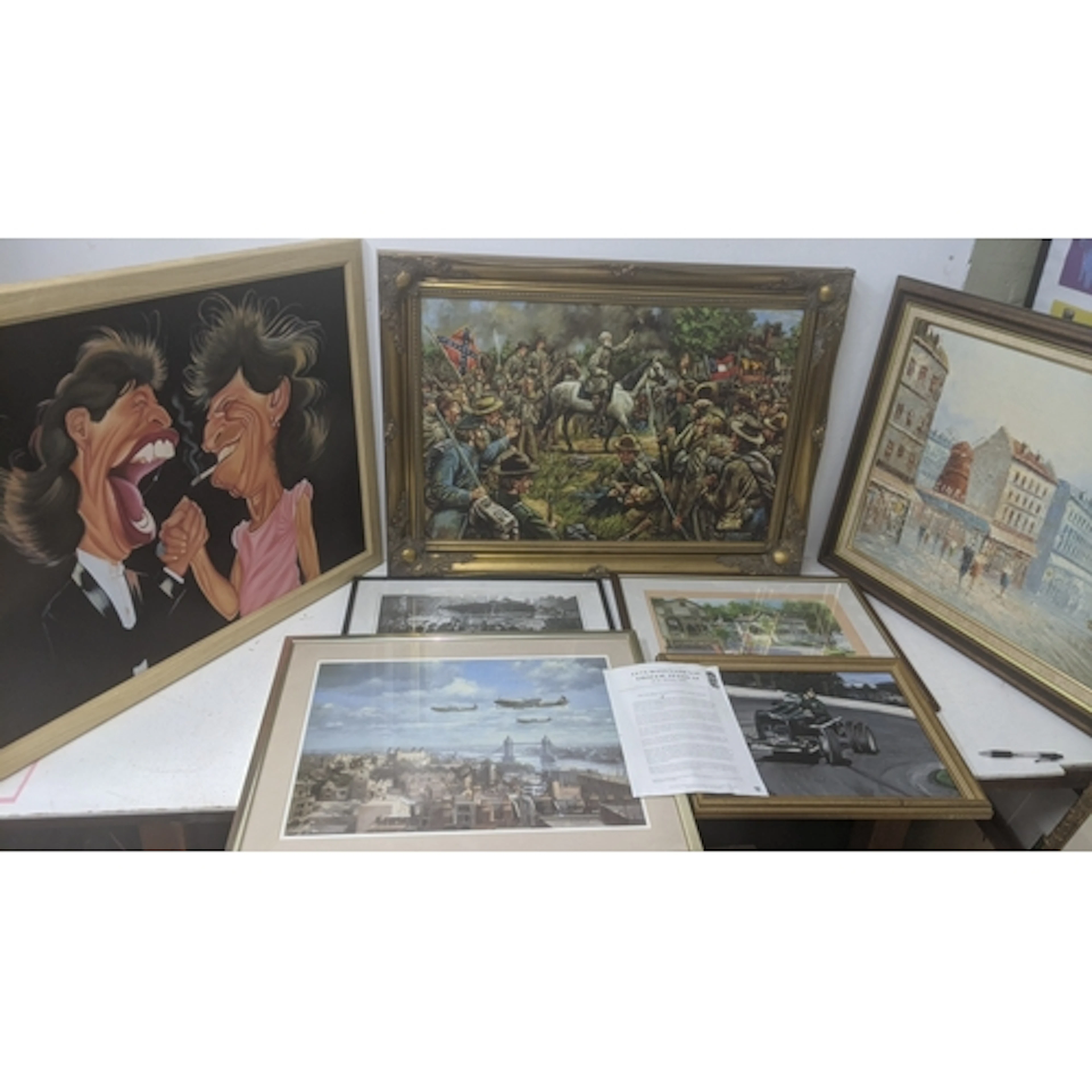 Pictures and prints to include a cartoon oil on board depict...