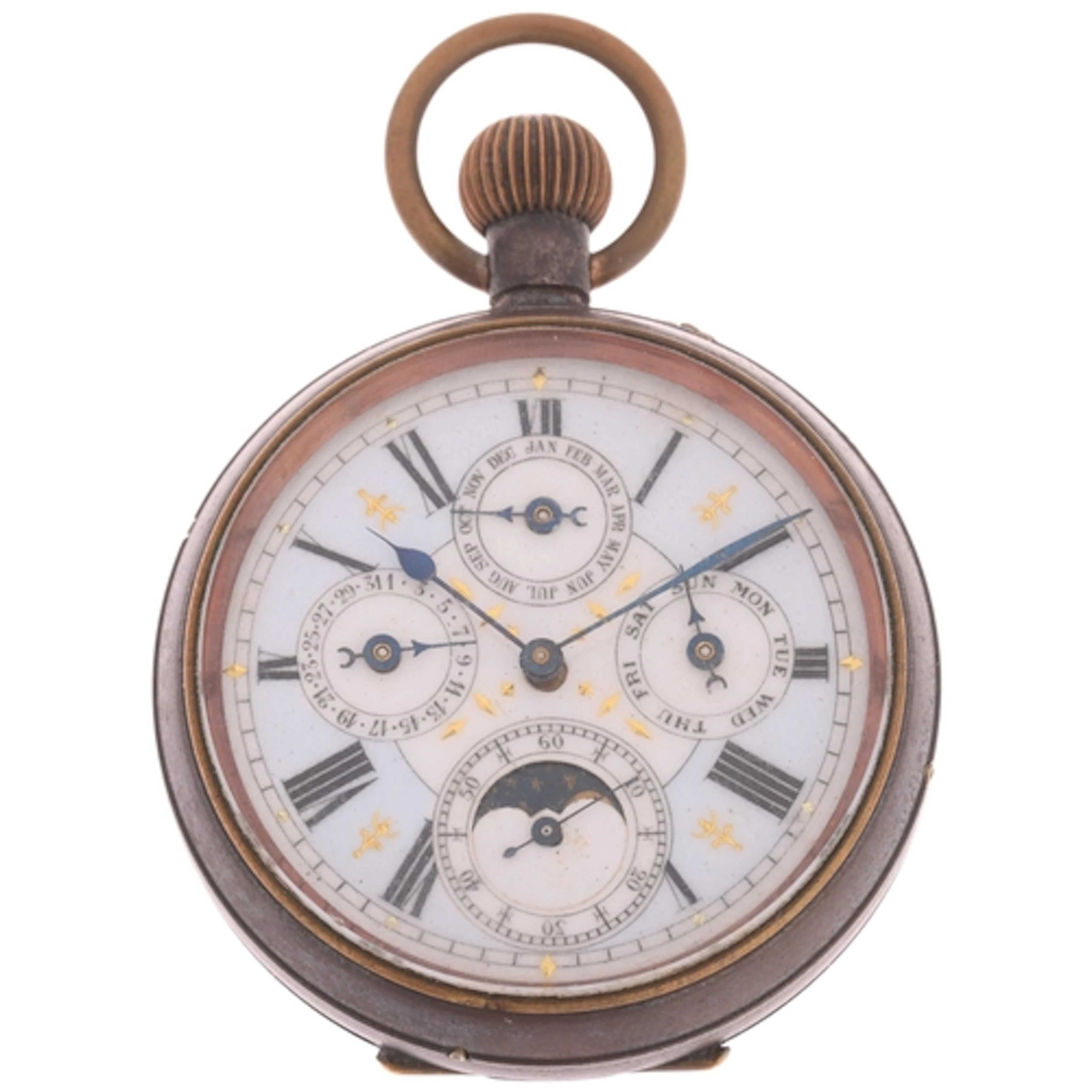 An Antique Swiss gunmetal triple calendar moonphase open-fac...