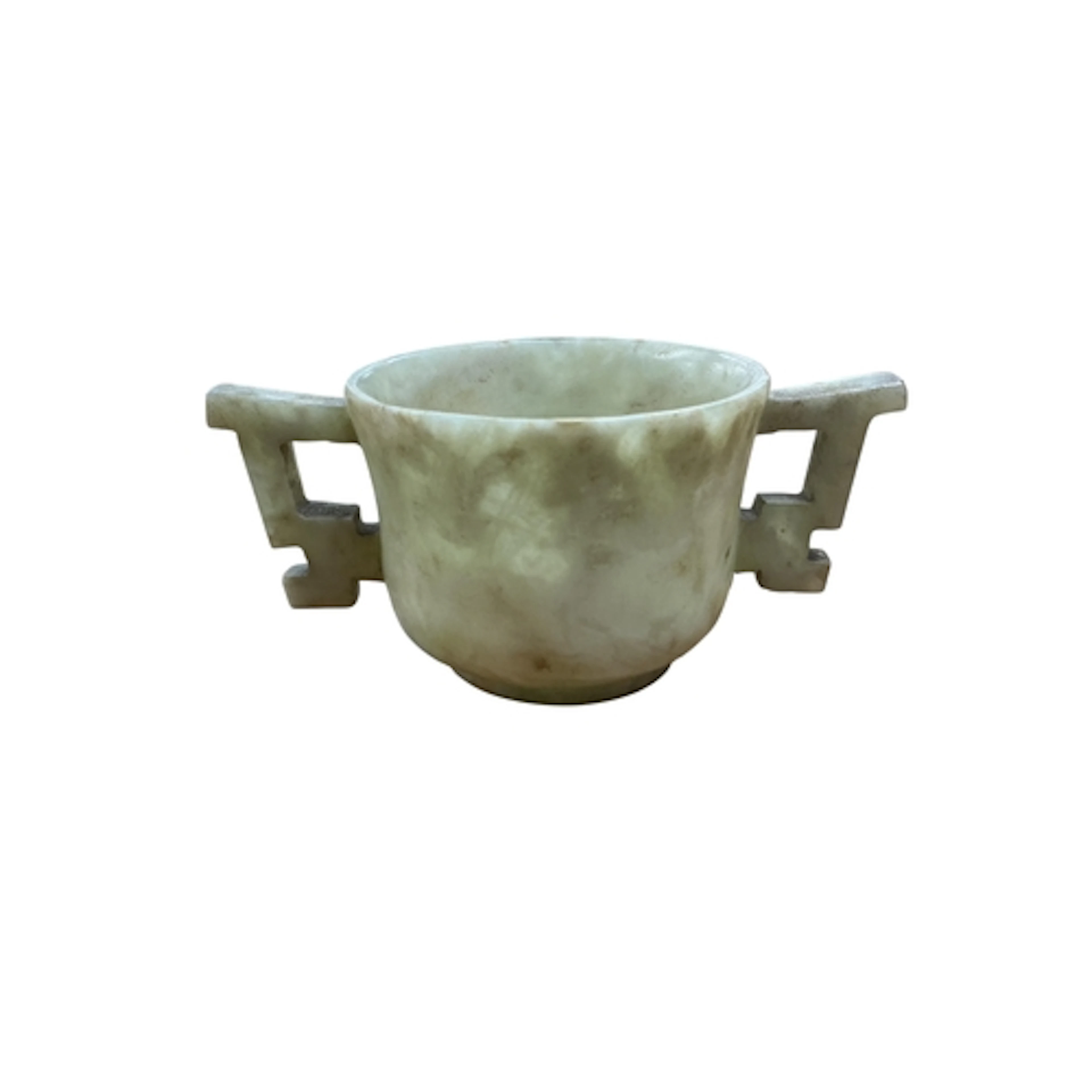 A Chinese bowenite jade two handled cup, 9.5cm wide