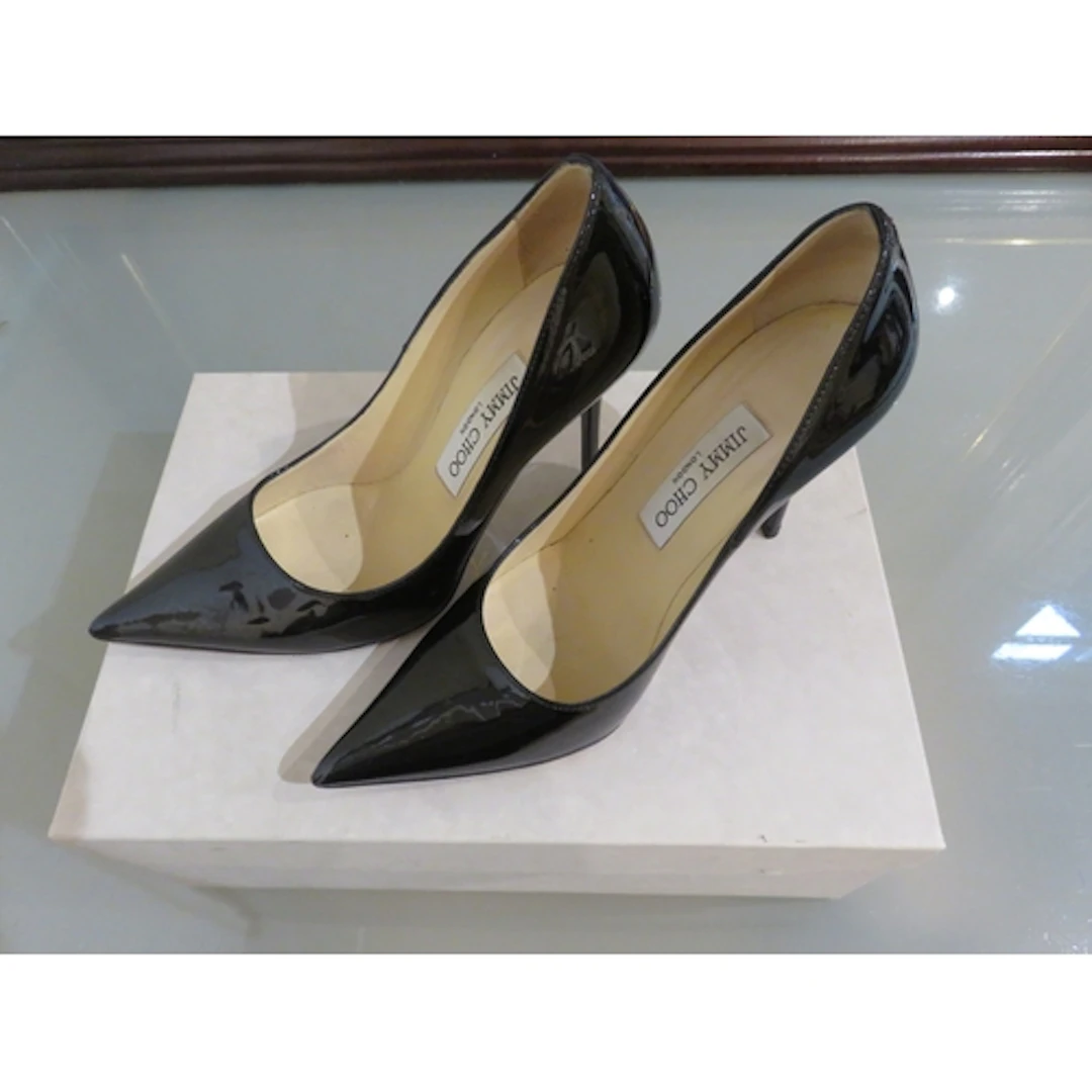 Jimmy Choo black patent leather Abel stilettos, size 36, wit...
