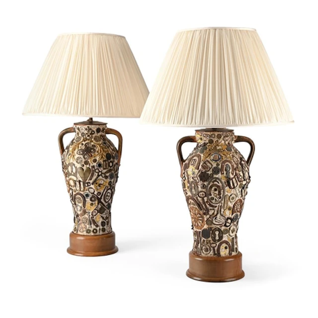 A pair of twin handled pottery table lights, 20th century, d...