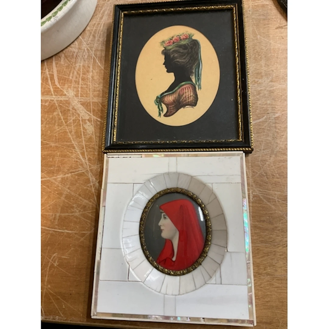 Framed Silhouette with coloured bodice and hat signed Turvil...