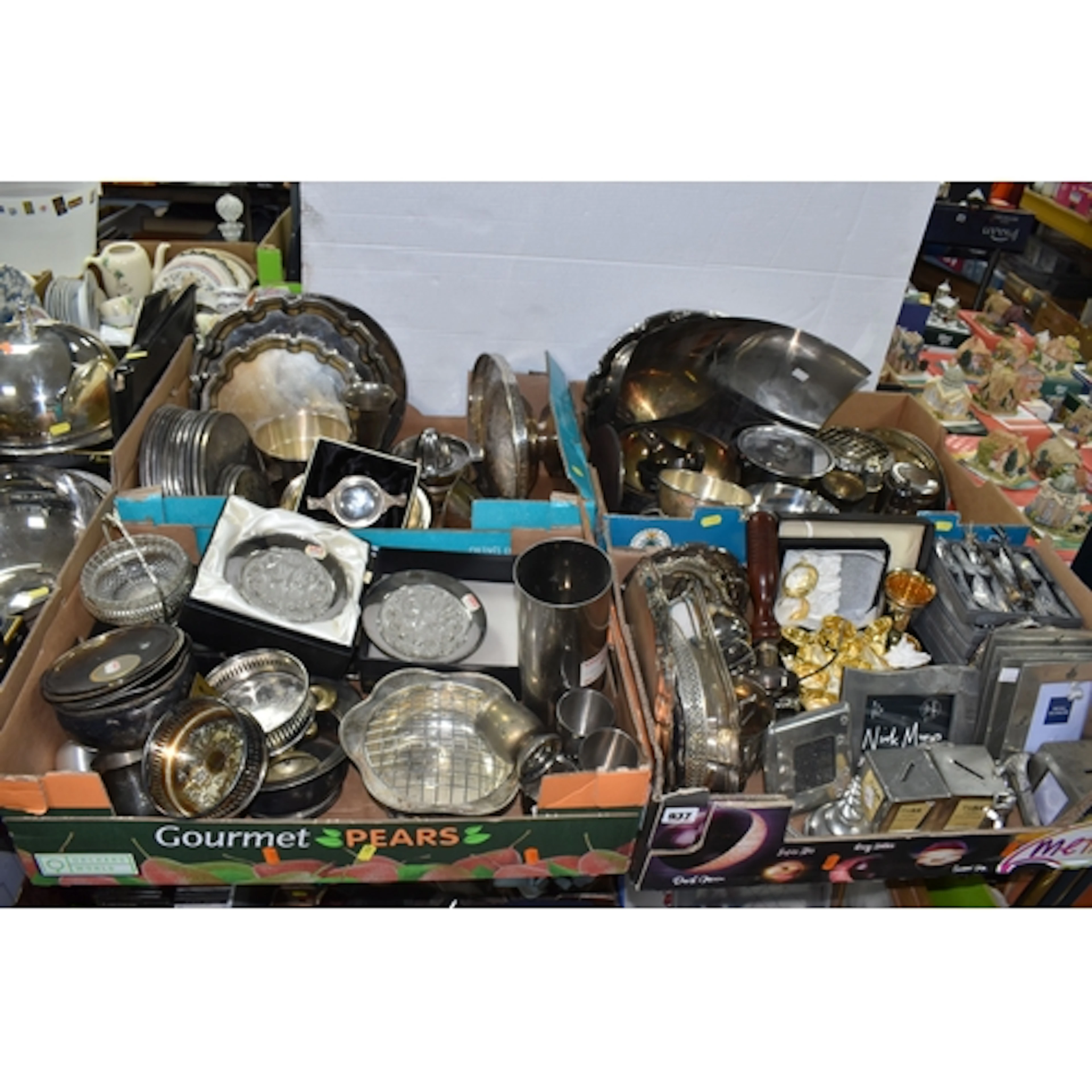 FOUR BOXES AND LOOSE METALWARE, to include a quantity of Art...