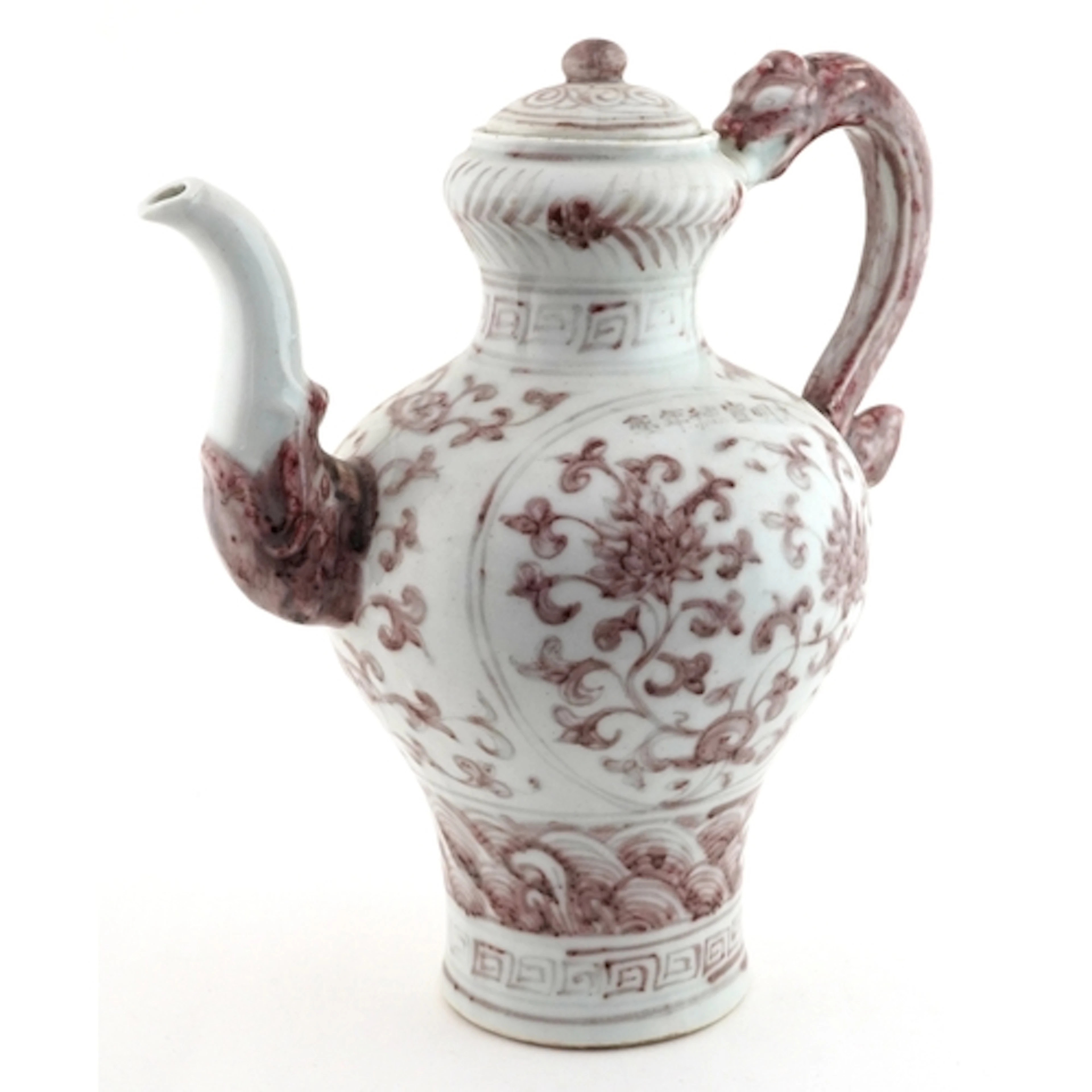Chinese glazed copper red porcelain ewer having animalia han...